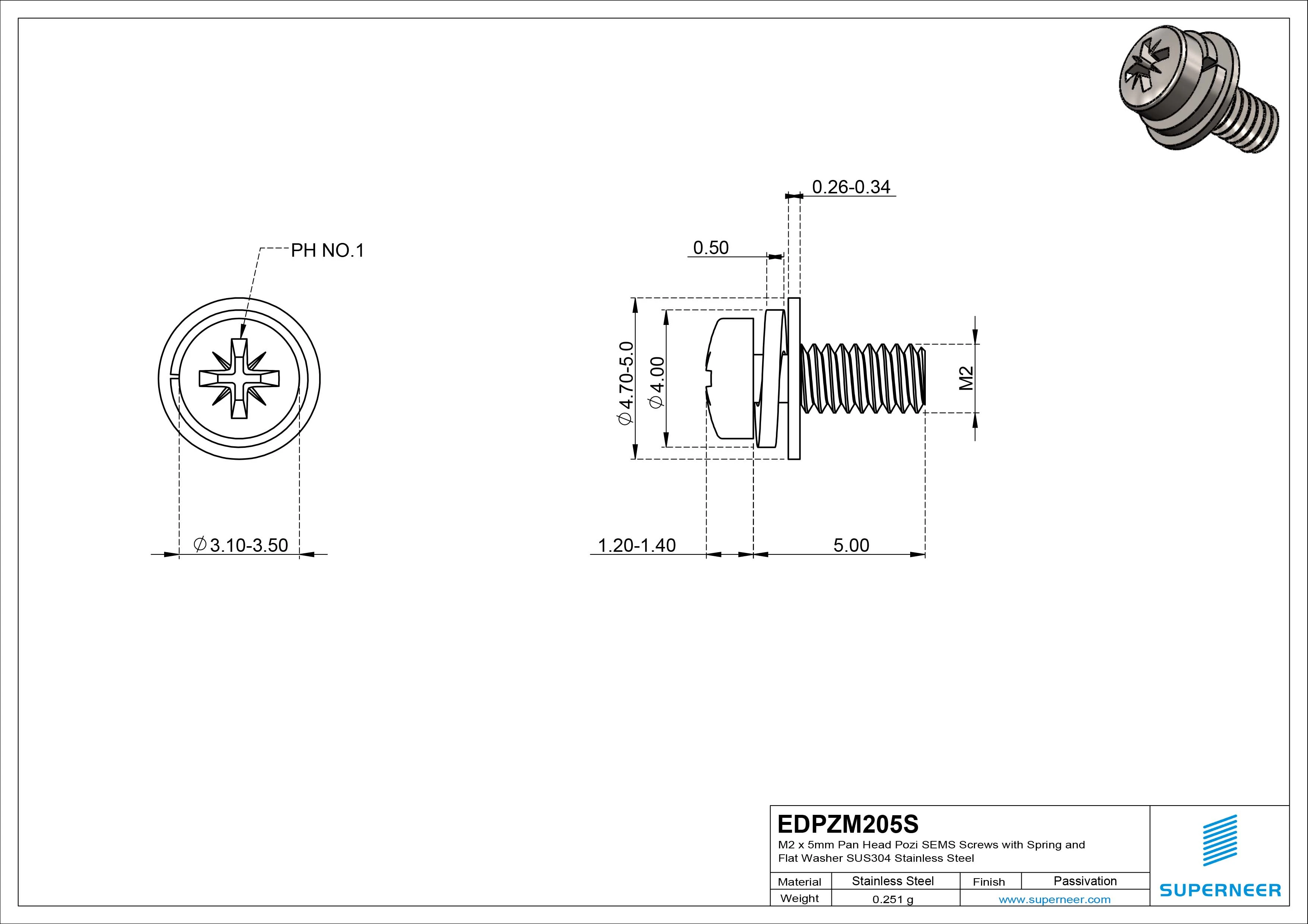 M2 x 5mm Pan Head Pozi SEMS Screws with Spring and Flat Washer SUS304 Stainless Steel Inox