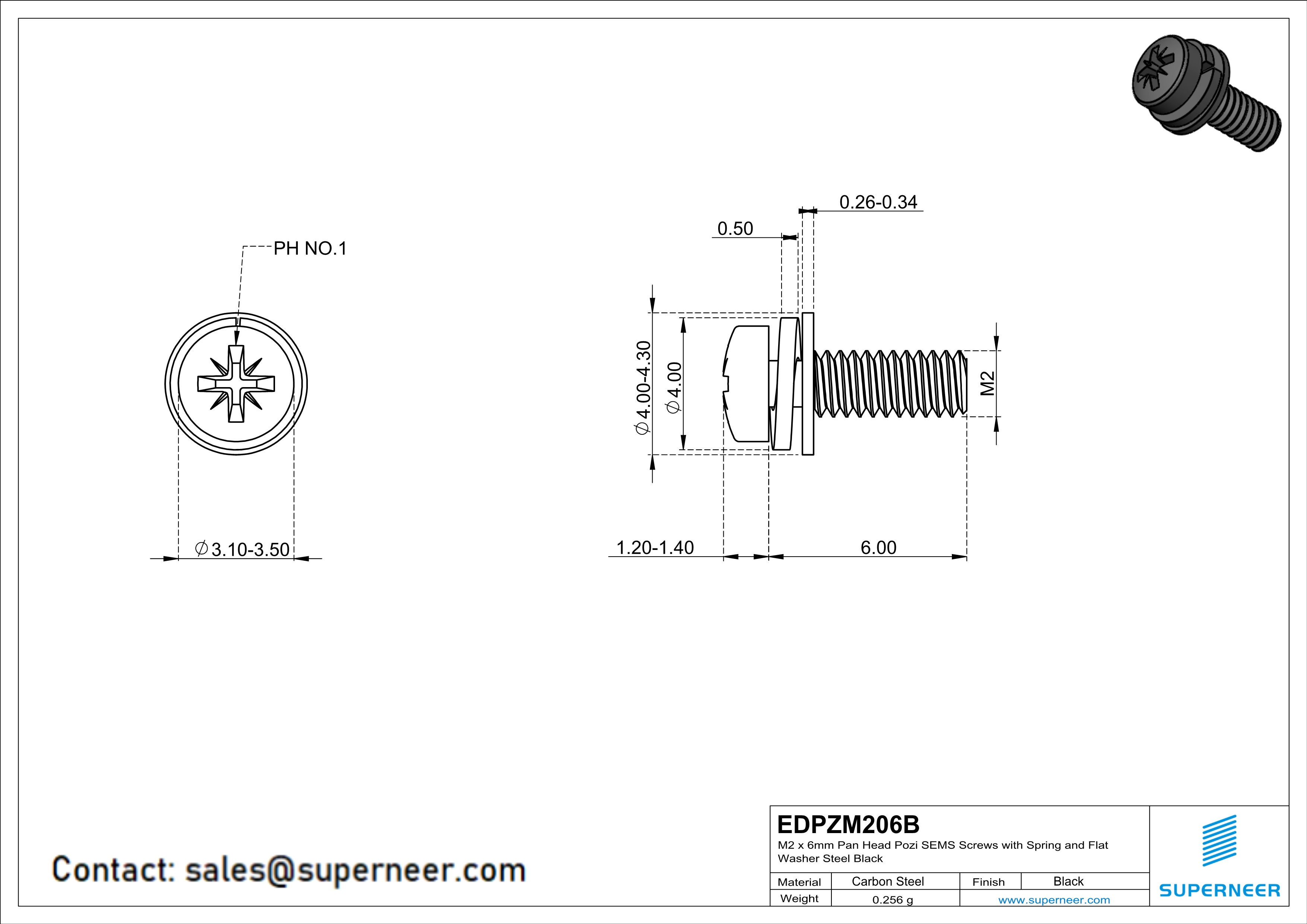 M2 x 6mm Pan Head Pozi SEMS Screws with Spring and Flat Washer Steel Black