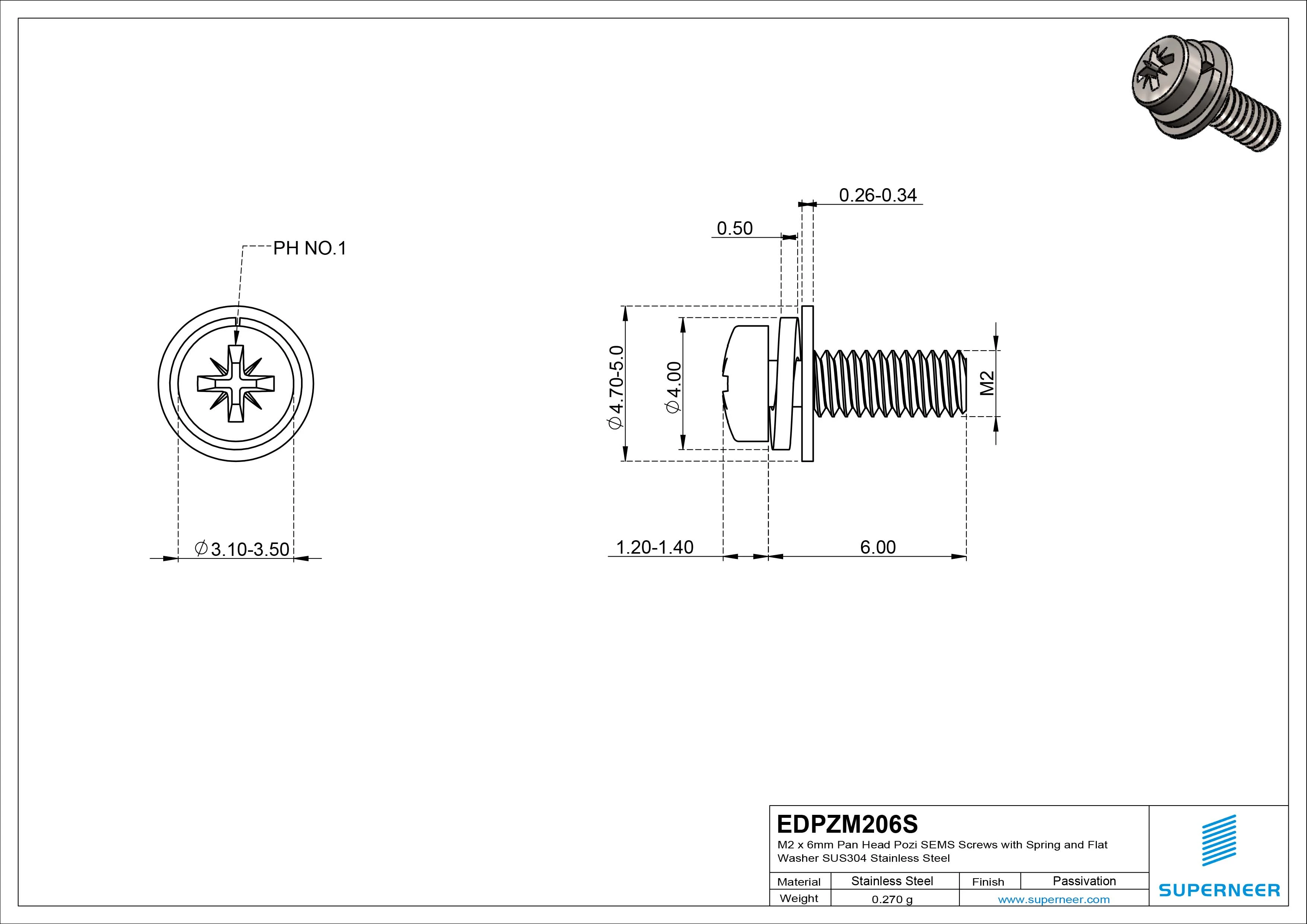 M2 x 6mm Pan Head Pozi SEMS Screws with Spring and Flat Washer SUS304 Stainless Steel Inox