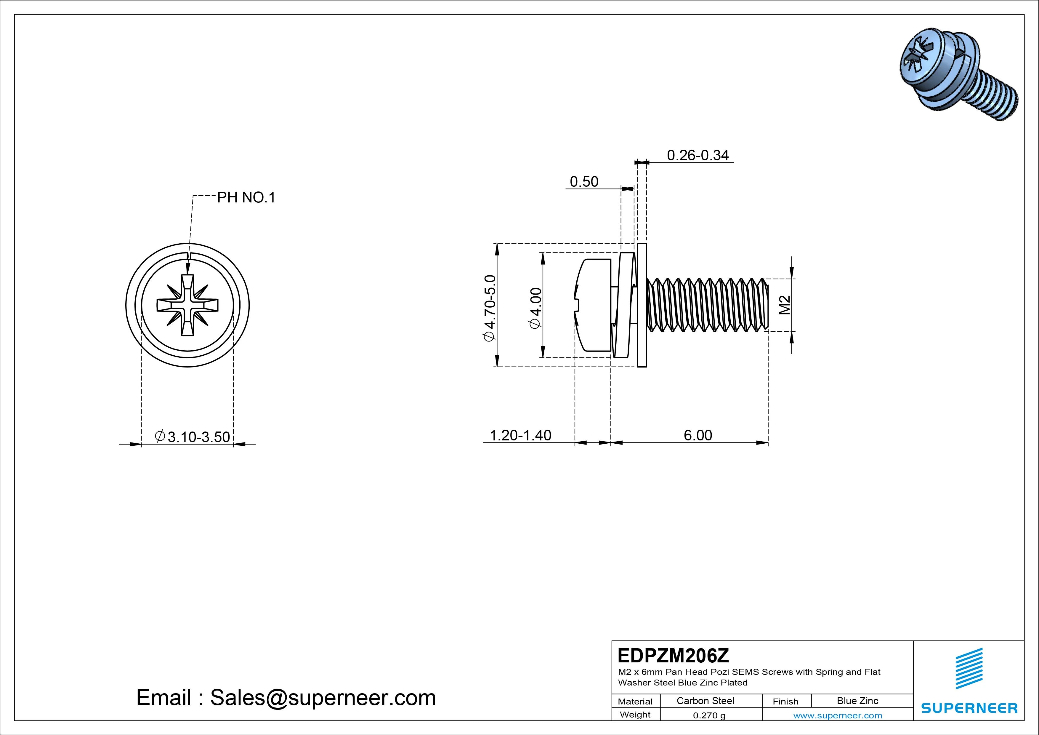 M2 x 6mm Pan Head Pozi SEMS Screws with Spring and Flat Washer Steel Blue Zinc Plated