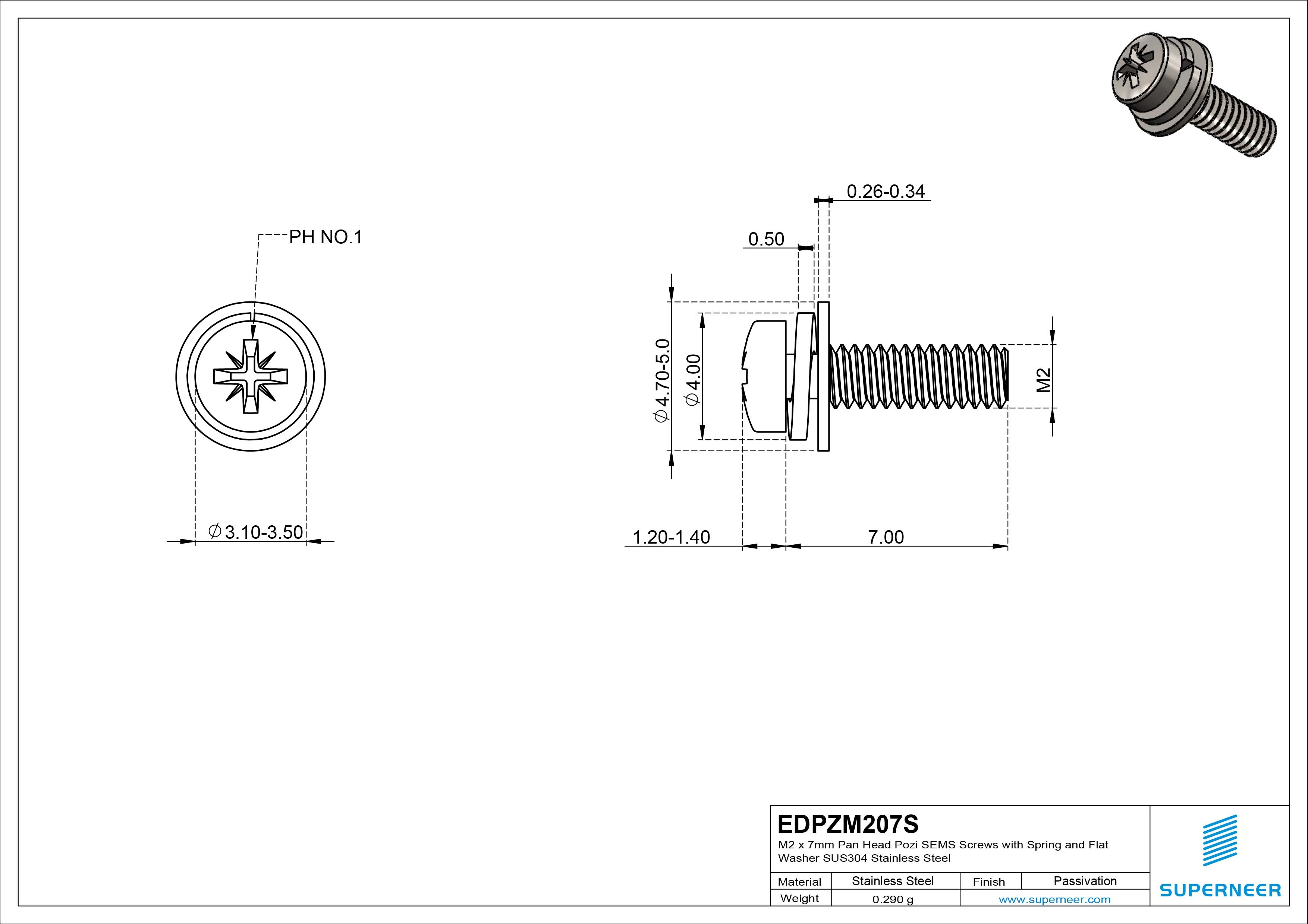 M2 x 7mm Pan Head Pozi SEMS Screws with Spring and Flat Washer SUS304 Stainless Steel Inox