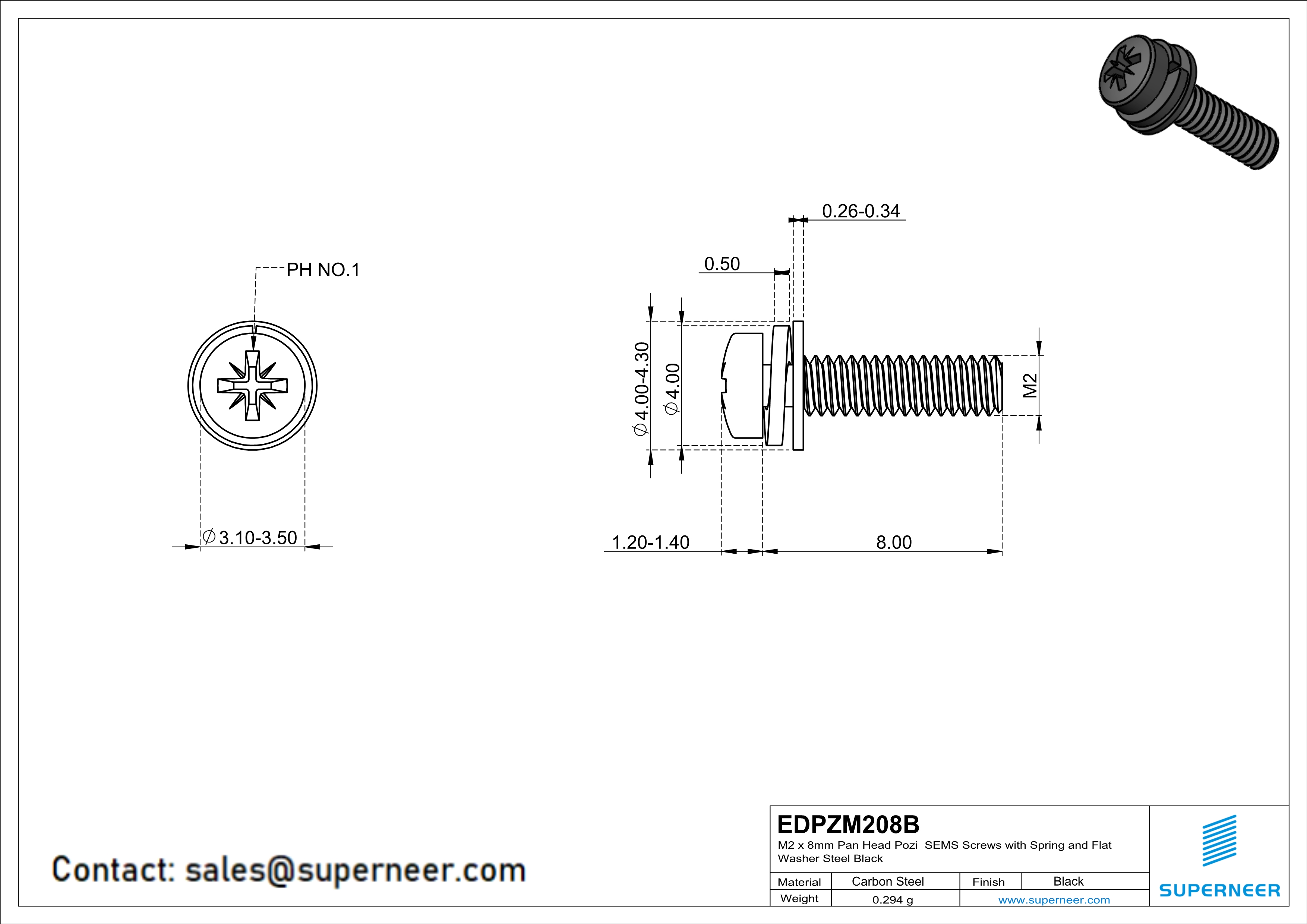 M2 x 8mm Pan Head Pozi SEMS Screws with Spring and Flat Washer Steel Black