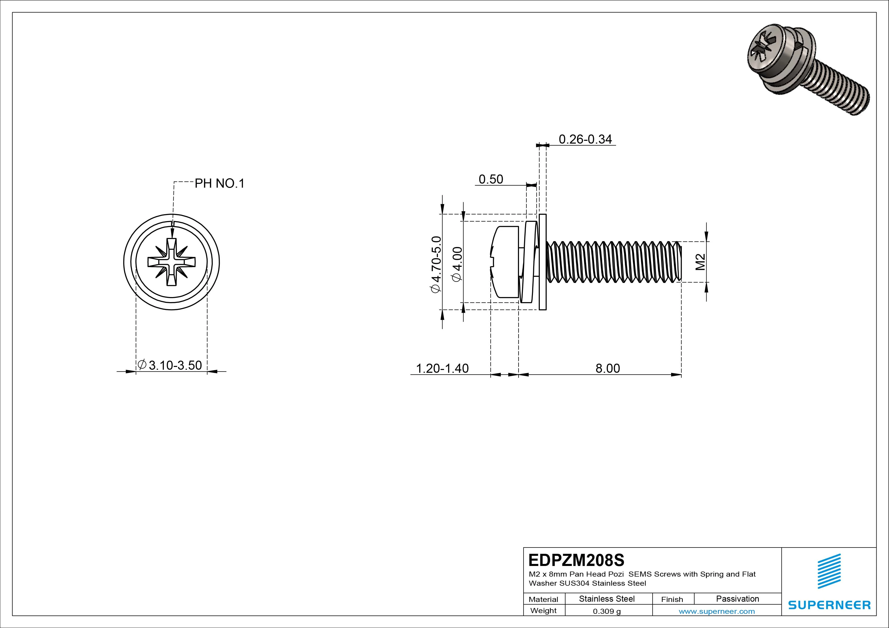 M2 x 8mm Pan Head Pozi SEMS Screws with Spring and Flat Washer SUS304 Stainless Steel Inox