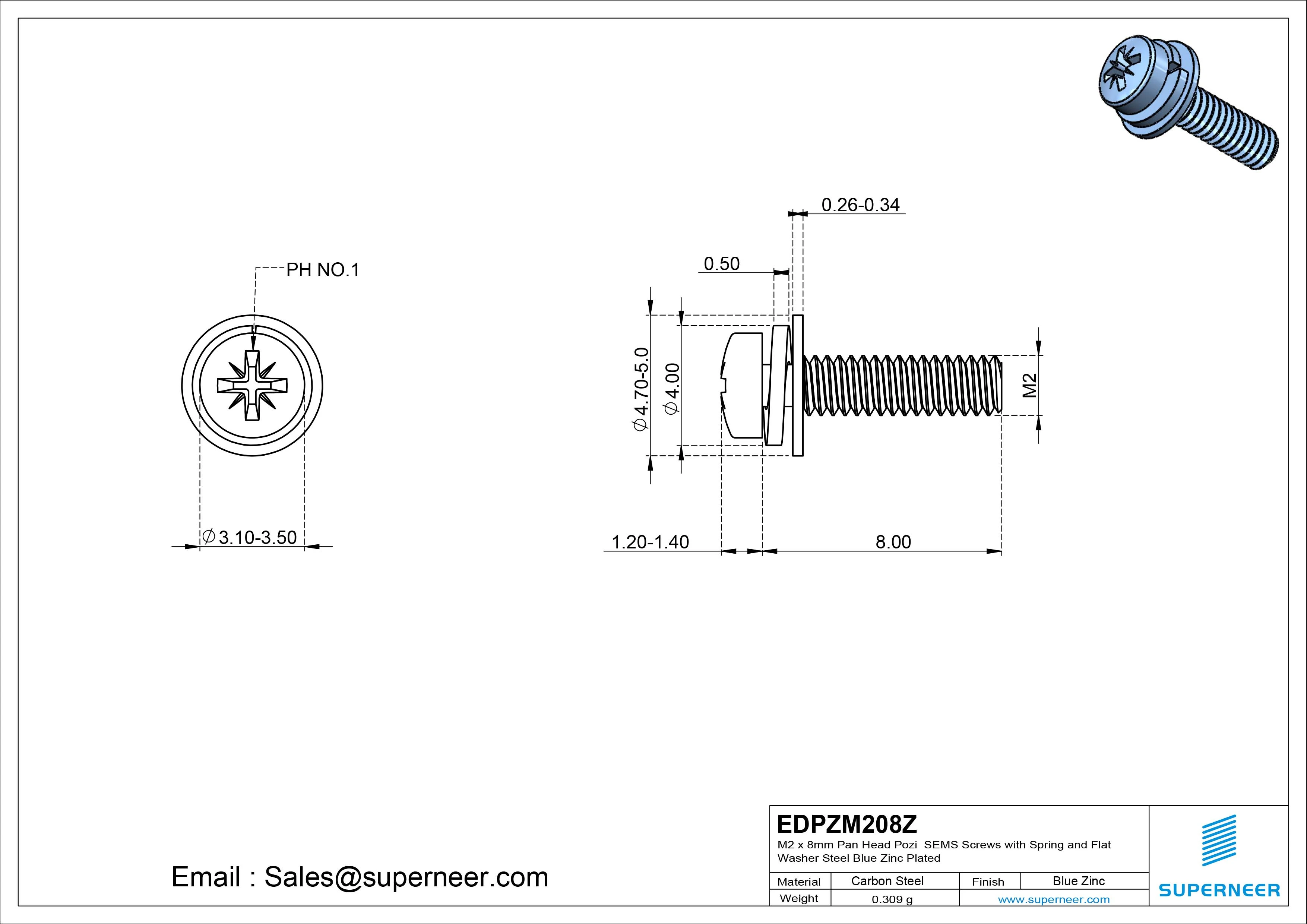 M2 x 8mm Pan Head Pozi SEMS Screws with Spring and Flat Washer Steel Blue Zinc Plated