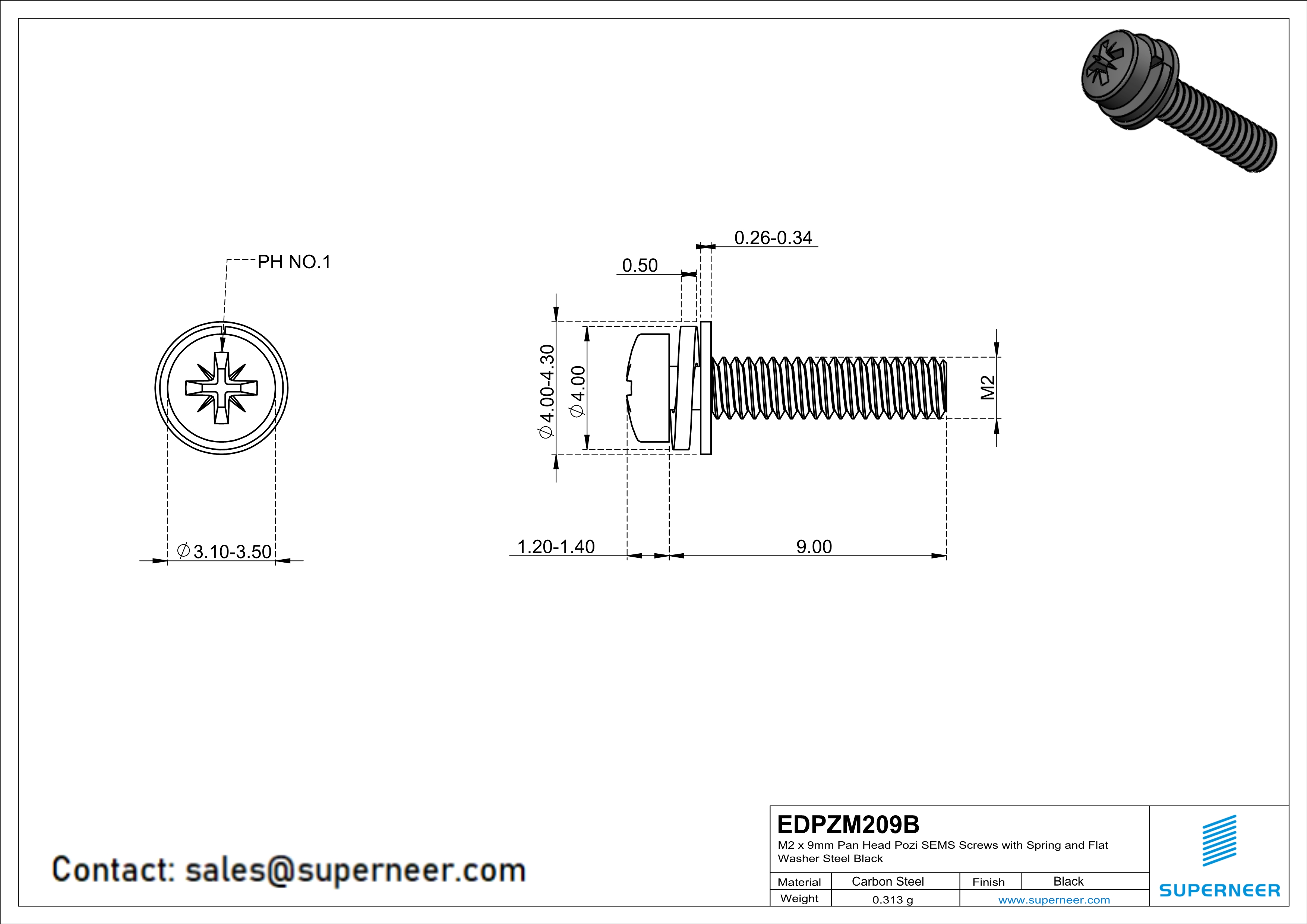 M2 x 9mm Pan Head Pozi SEMS Screws with Spring and Flat Washer Steel Black