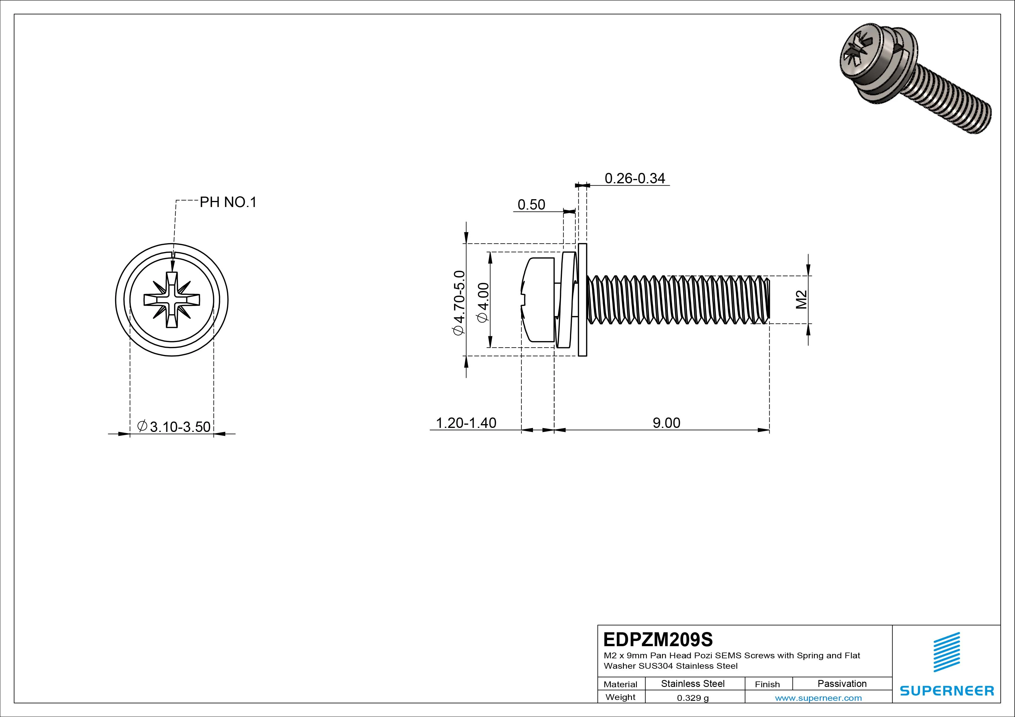 M2 x 9mm Pan Head Pozi SEMS Screws with Spring and Flat Washer SUS304 Stainless Steel Inox