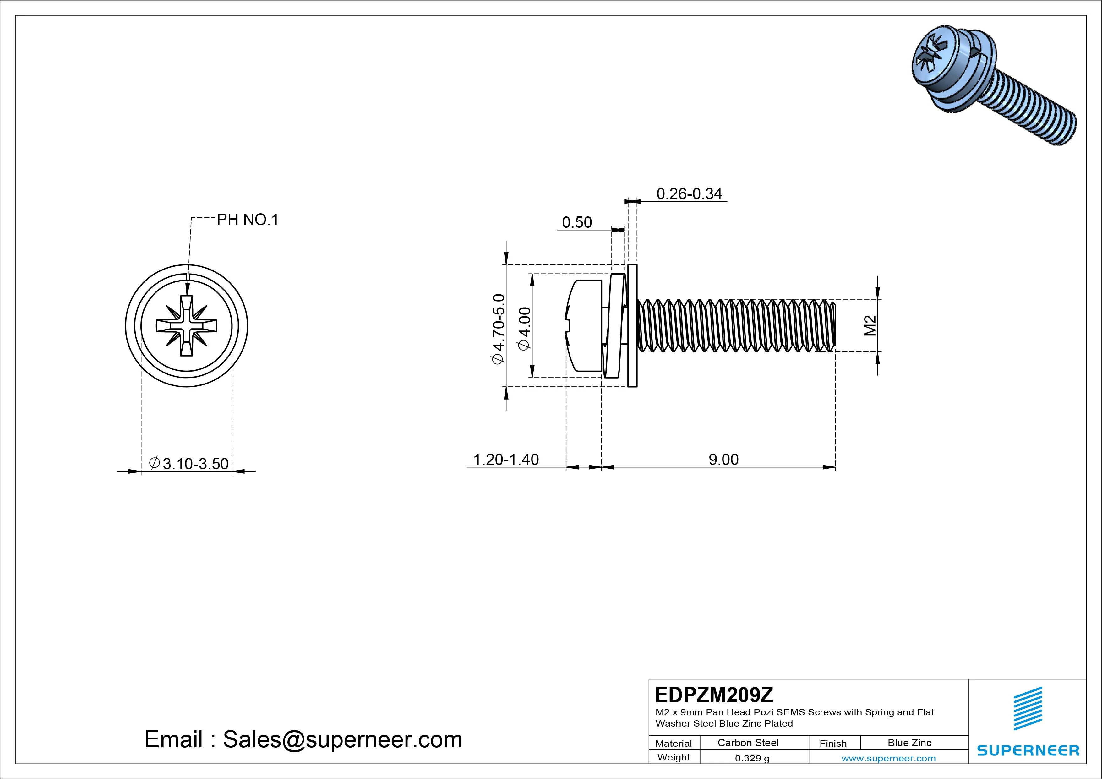 M2 x 9mm Pan Head Pozi SEMS Screws with Spring and Flat Washer Steel Blue Zinc Plated