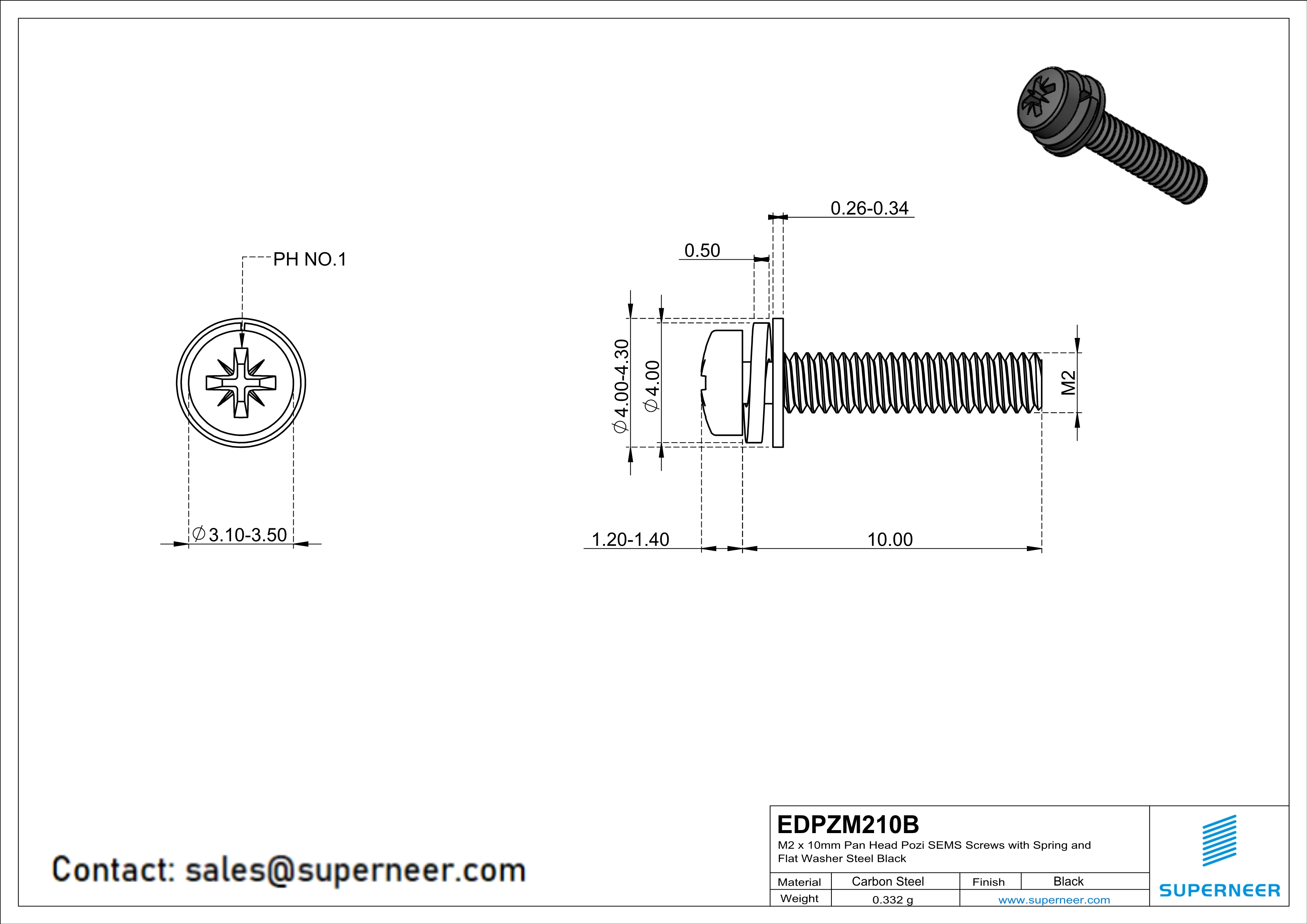 M2 x 10mm Pan Head Pozi SEMS Screws with Spring and Flat Washer Steel Black
