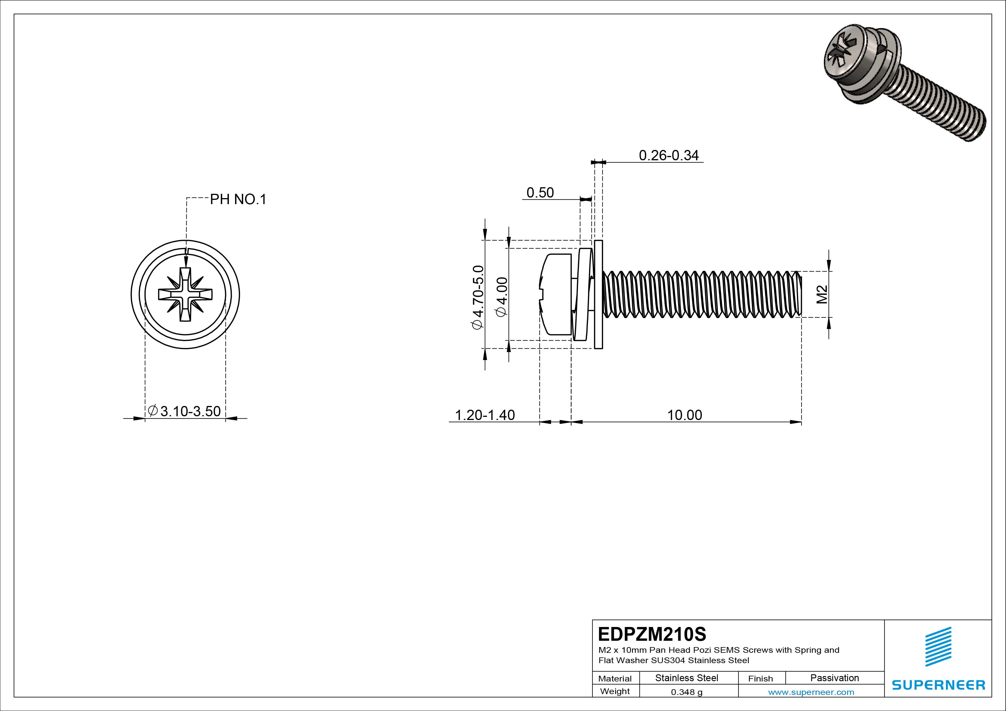 M2 x 10mm Pan Head Pozi SEMS Screws with Spring and Flat Washer SUS304 Stainless Steel Inox