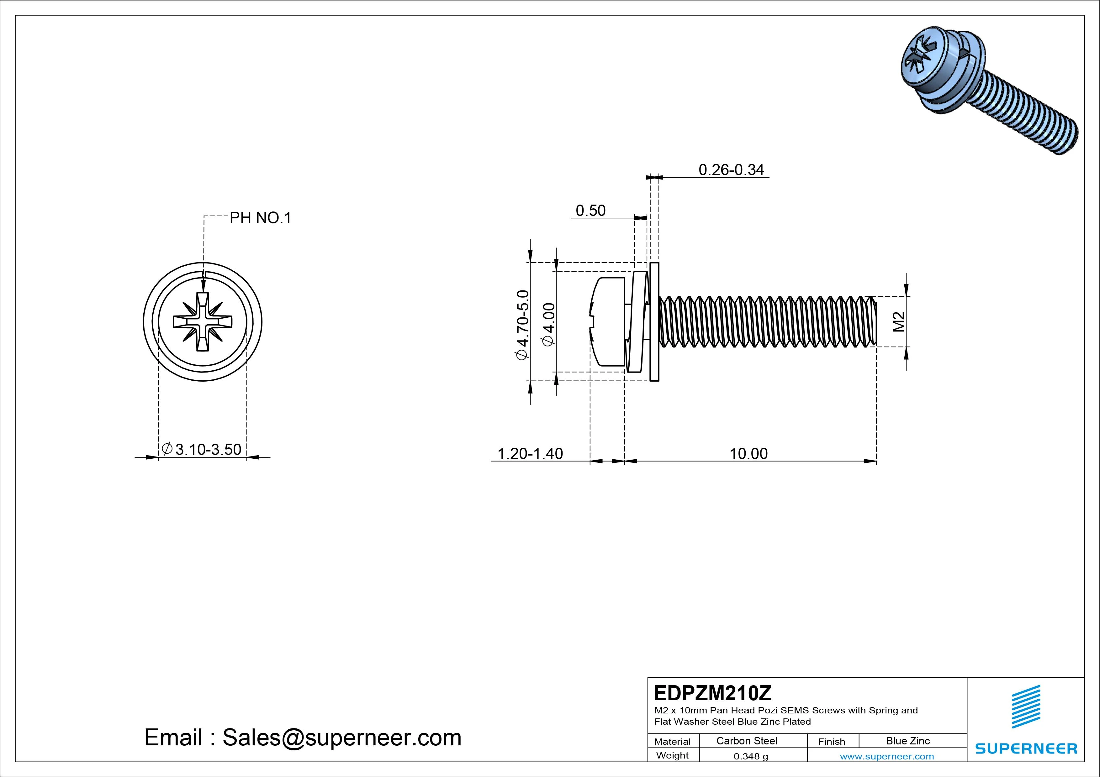 M2 x 10mm Pan Head Pozi SEMS Screws with Spring and Flat Washer Steel Blue Zinc Plated