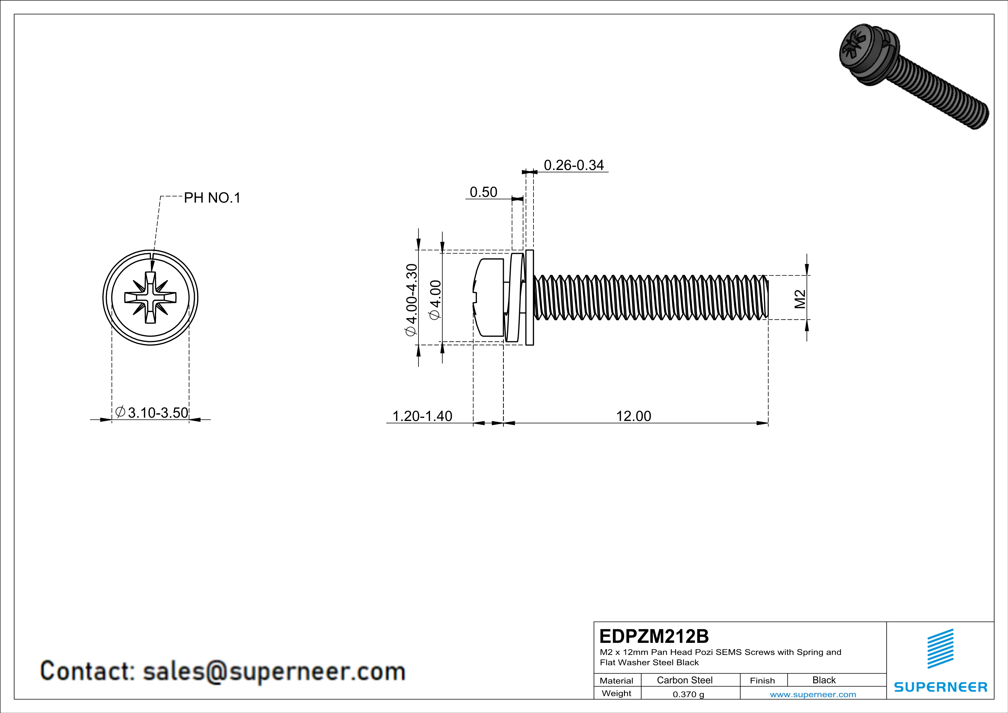 M2 x 12mm Pan Head Pozi SEMS Screws with Spring and Flat Washer Steel Black