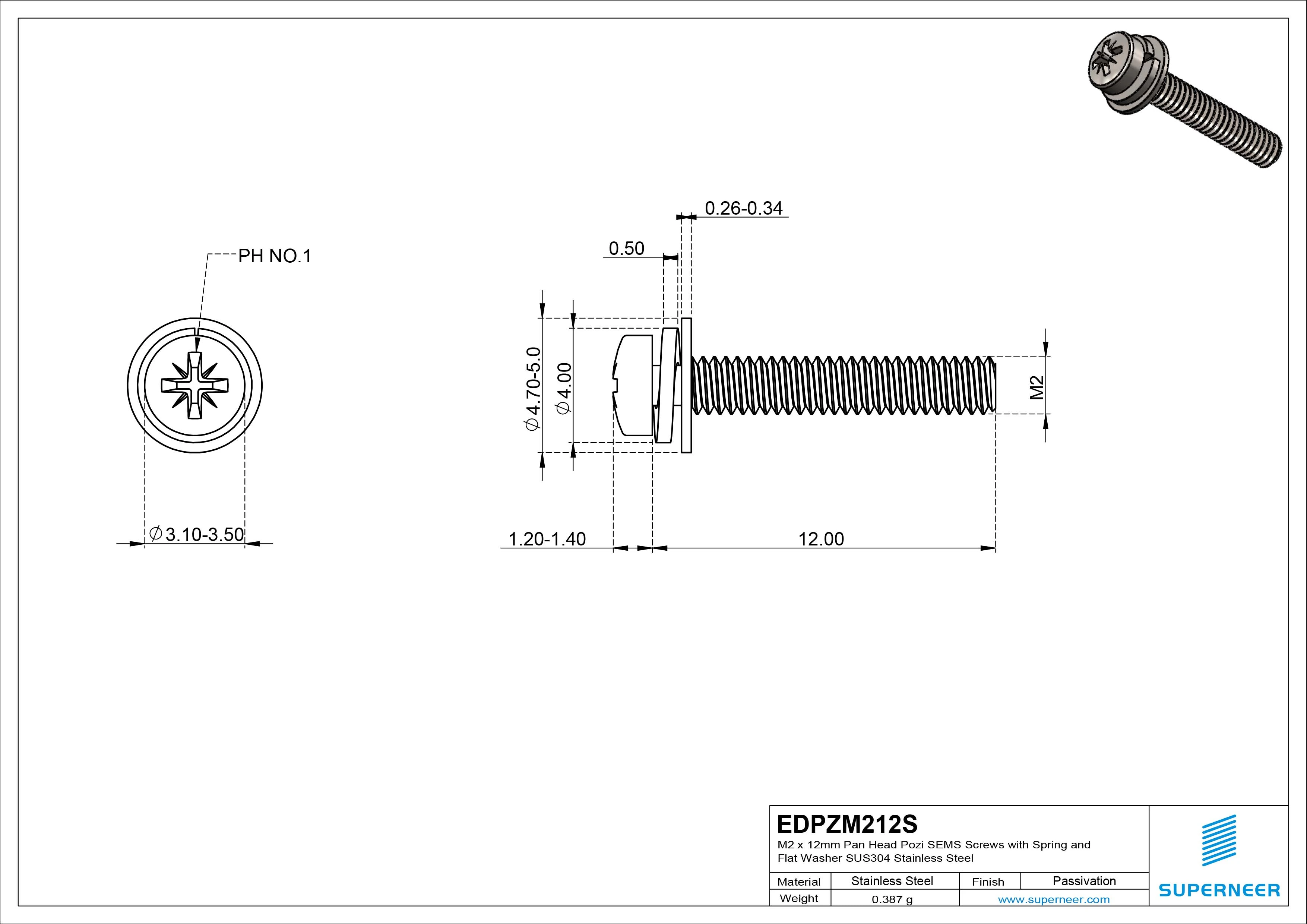 M2 x 12mm Pan Head Pozi SEMS Screws with Spring and Flat Washer SUS304 Stainless Steel Inox
