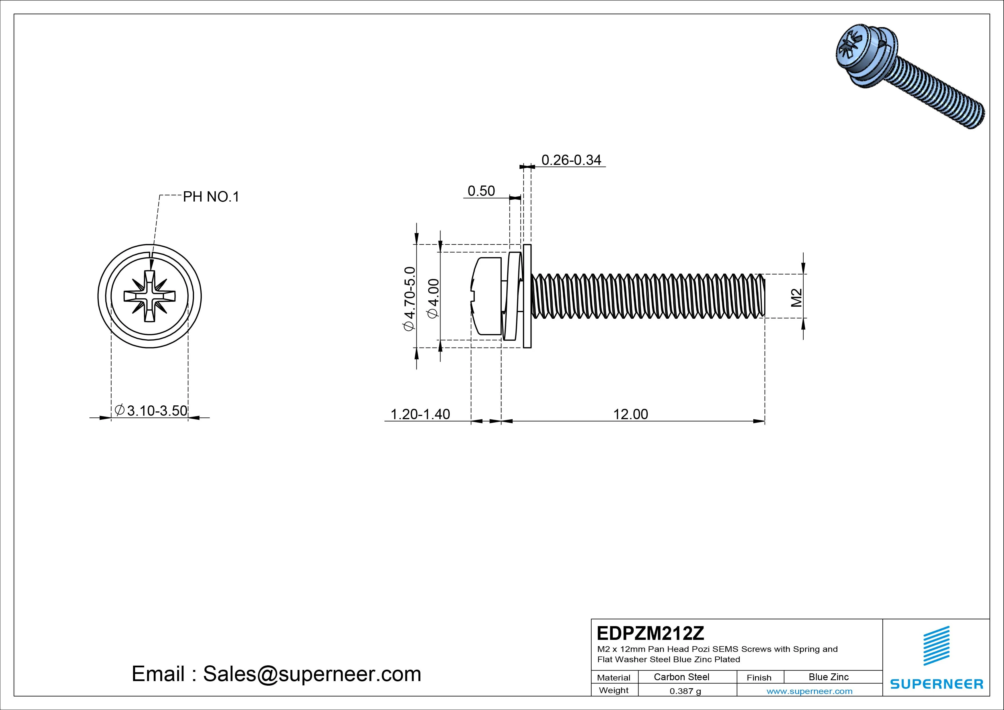 M2 x 12mm Pan Head Pozi SEMS Screws with Spring and Flat Washer Steel Blue Zinc Plated