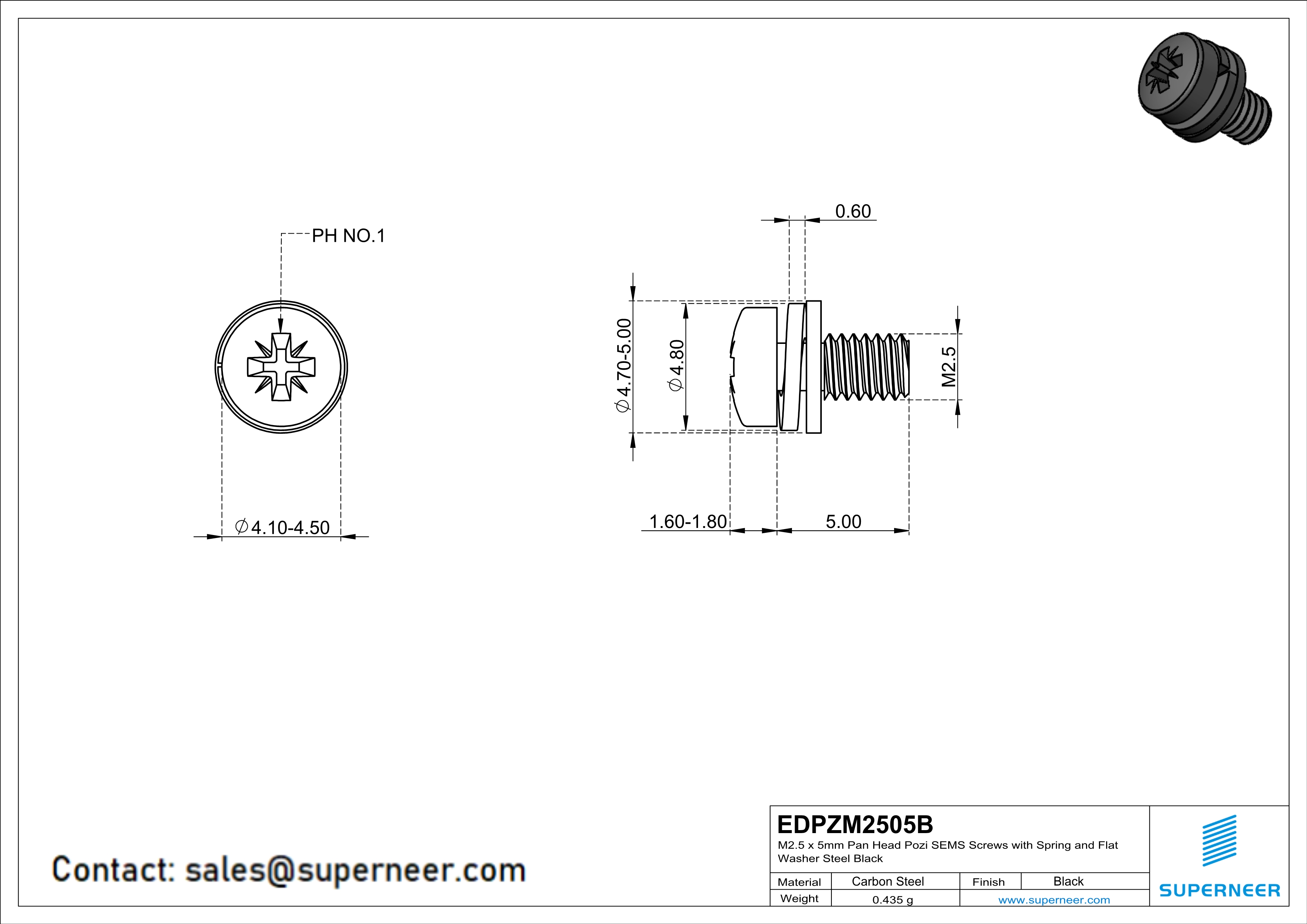 M2.5 x 5mm Pan Head Pozi SEMS Screws with Spring and Flat Washer Steel Black