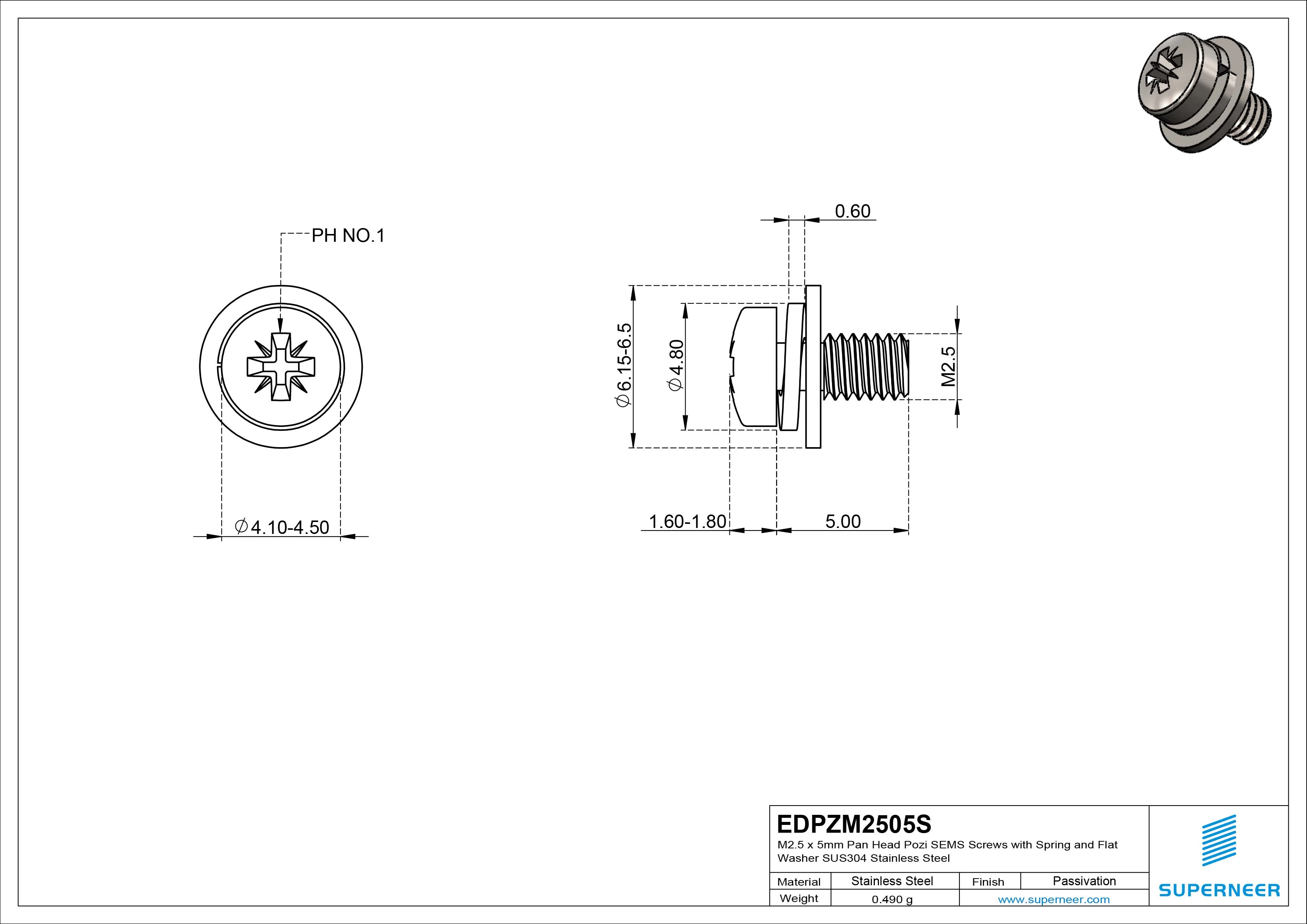 M2.5 x 5mm Pan Head Pozi SEMS Screws with Spring and Flat Washer SUS304 Stainless Steel Inox