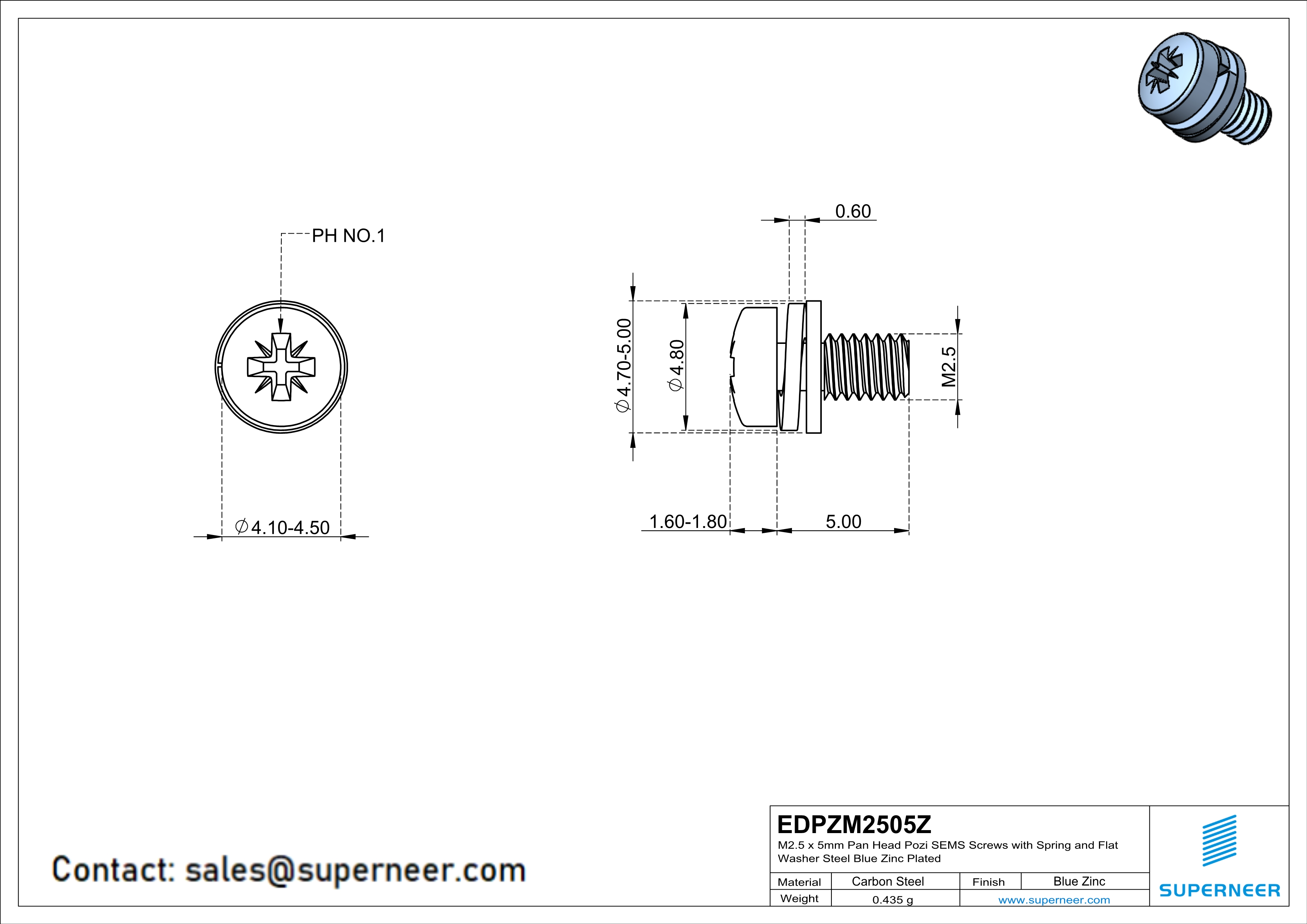 M2.5 x 5mm Pan Head Pozi SEMS Screws with Spring and Flat Washer Steel Blue Zinc Plated