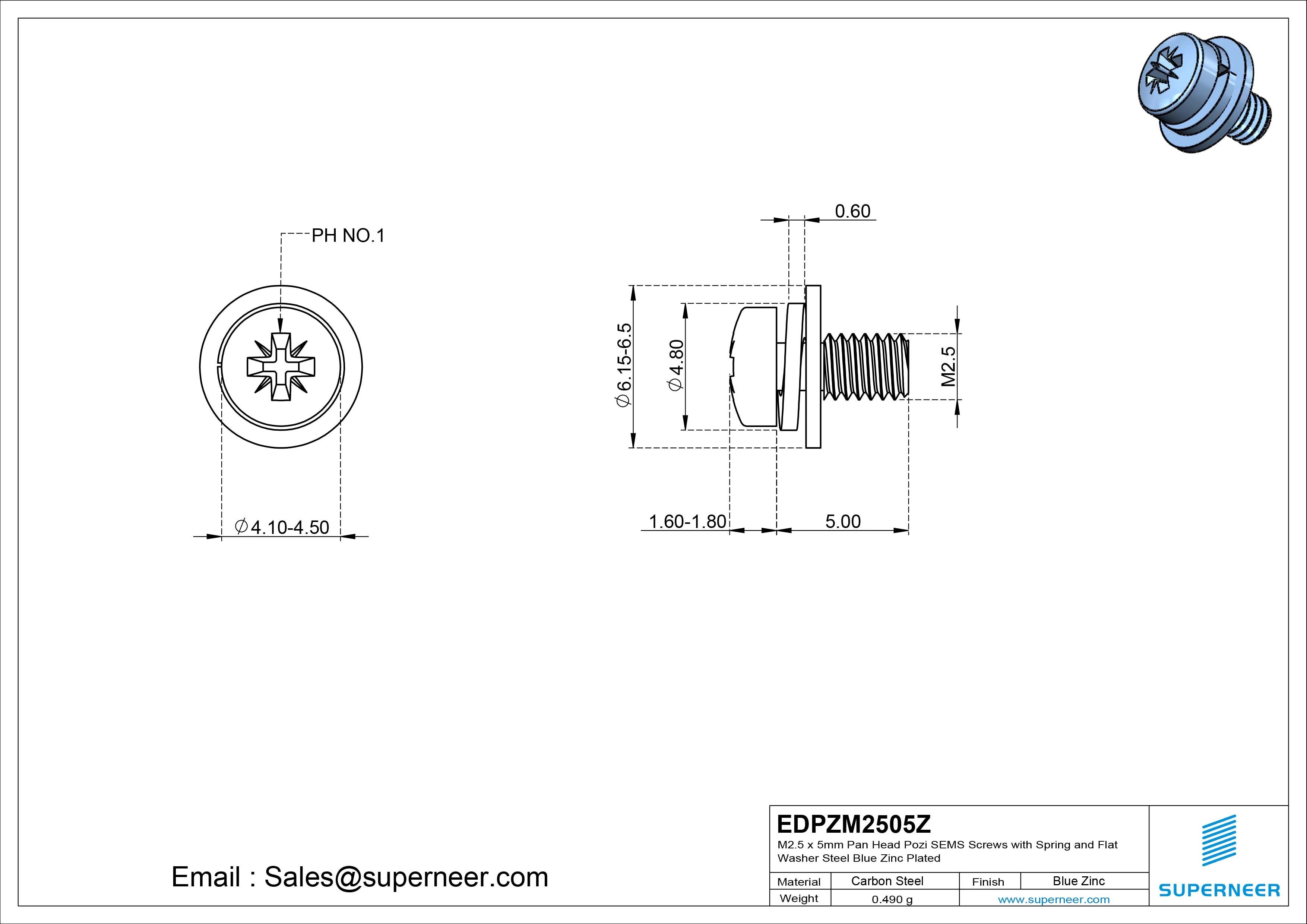 M2.5 x 5mm Pan Head Pozi SEMS Screws with Spring and Flat Washer Steel Blue Zinc Plated