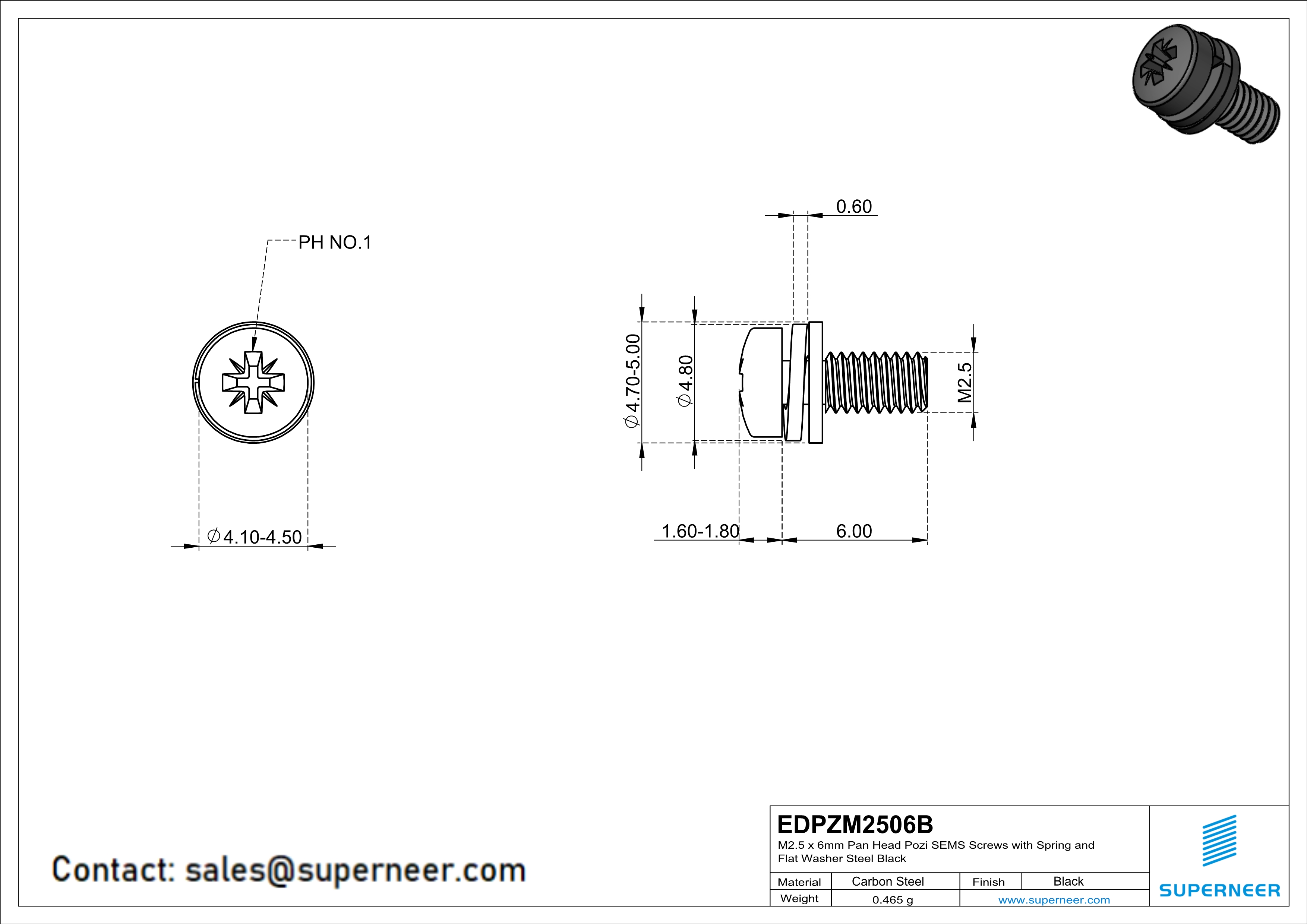M2.5 x 6mm Pan Head Pozi SEMS Screws with Spring and Flat Washer Steel Black