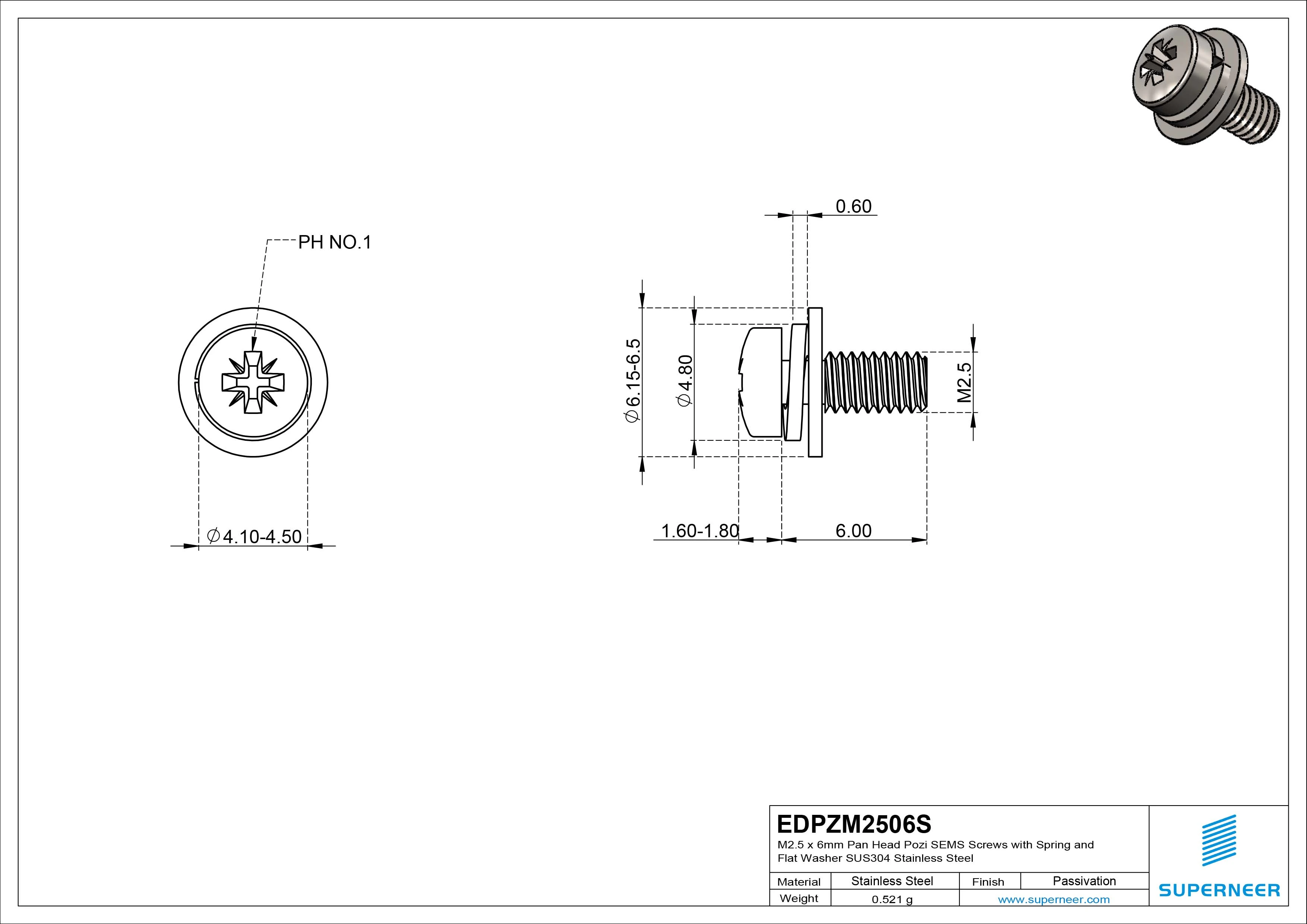 M2.5 x 6mm Pan Head Pozi SEMS Screws with Spring and Flat Washer SUS304 Stainless Steel Inox
