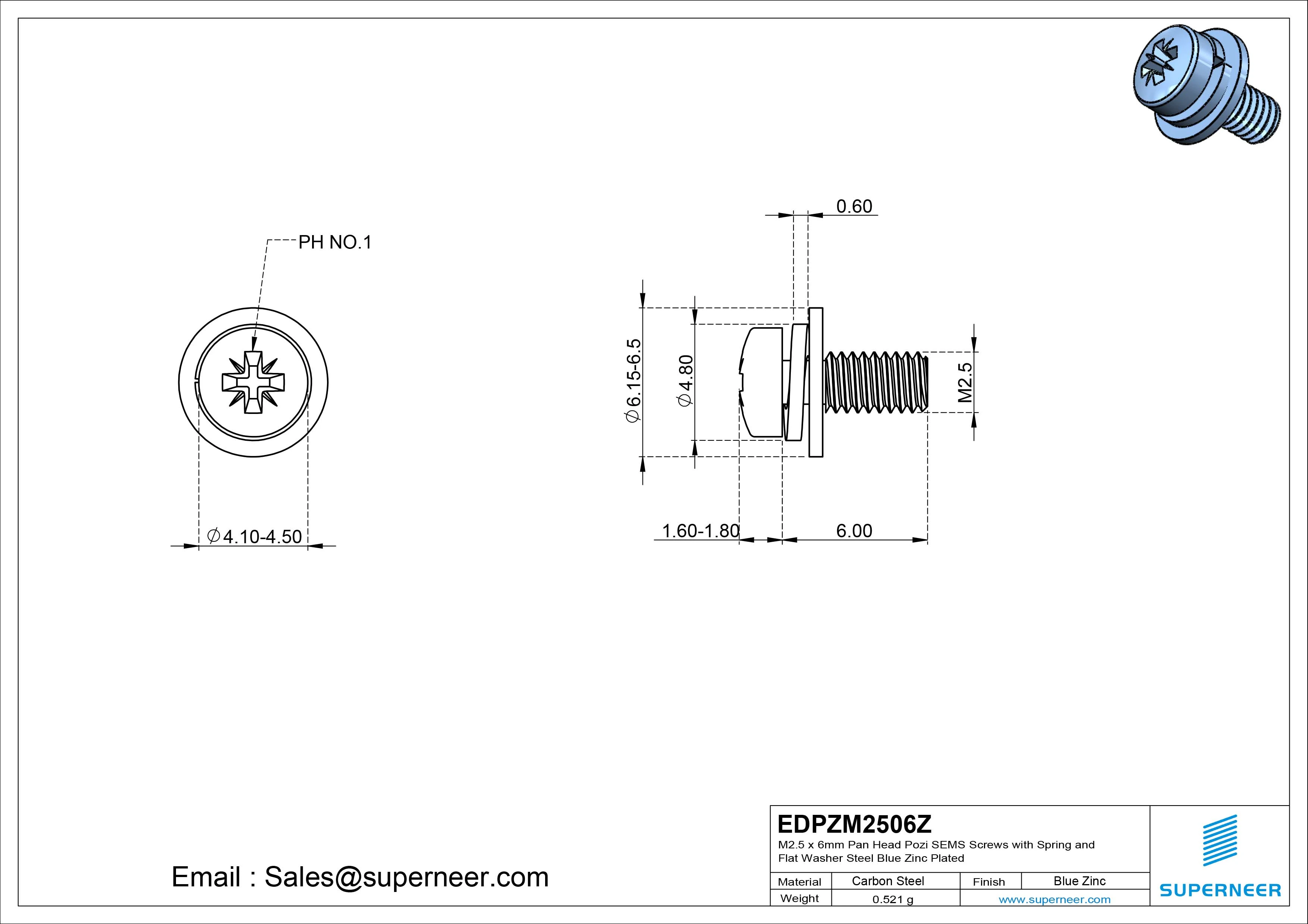M2.5 x 6mm Pan Head Pozi SEMS Screws with Spring and Flat Washer Steel Blue Zinc Plated