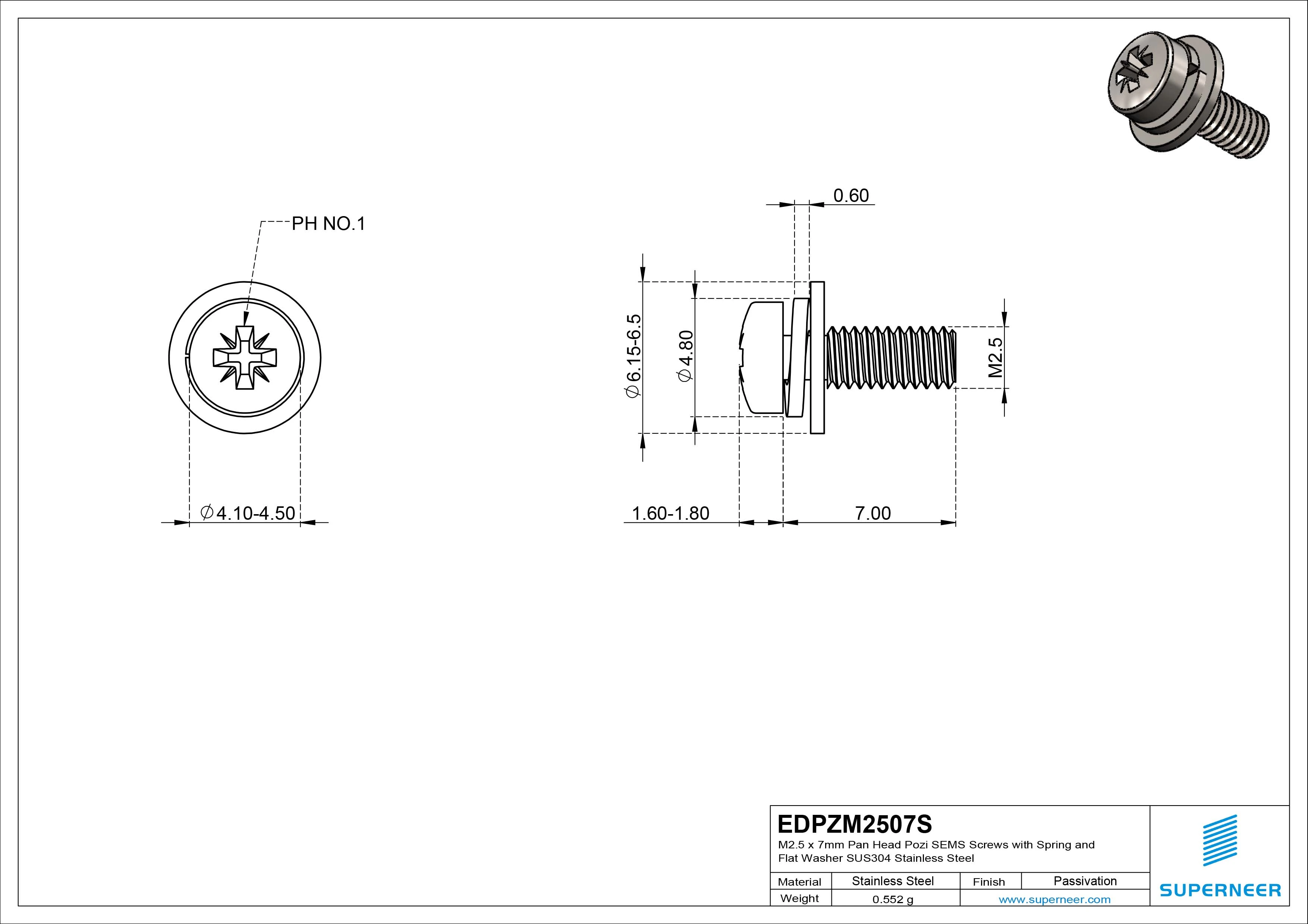 M2.5 x 7mm Pan Head Pozi SEMS Screws with Spring and Flat Washer SUS304 Stainless Steel Inox
