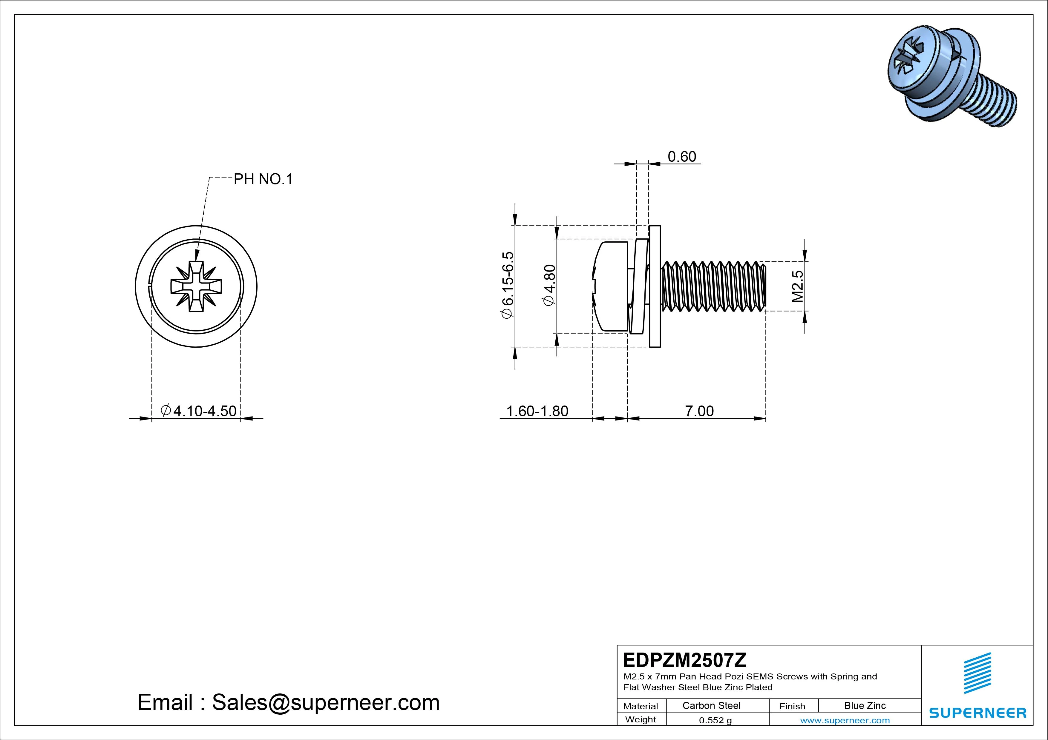 M2.5 x 7mm Pan Head Pozi SEMS Screws with Spring and Flat Washer Steel Blue Zinc Plated