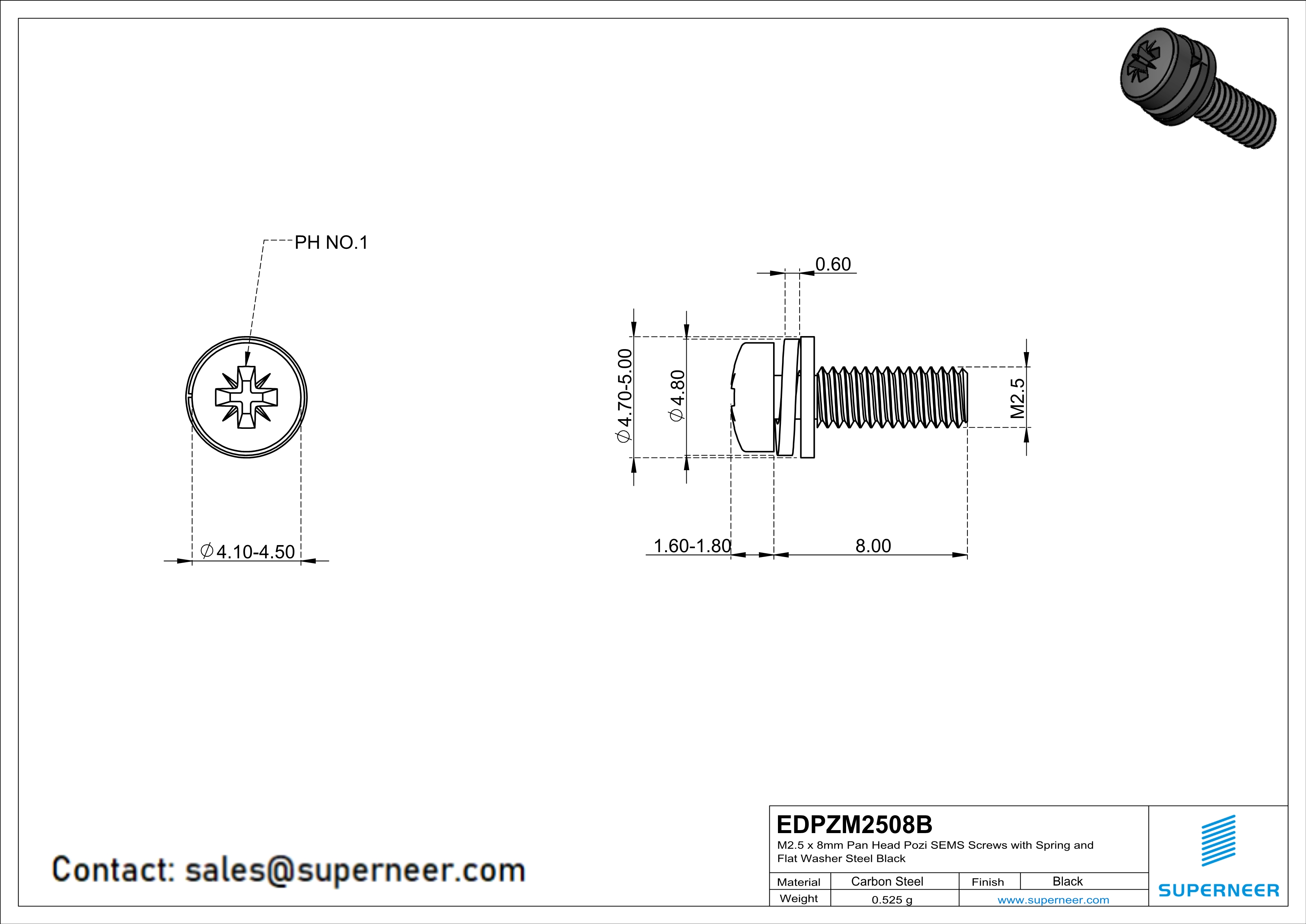M2.5 x 8mm Pan Head Pozi SEMS Screws with Spring and Flat Washer Steel Black