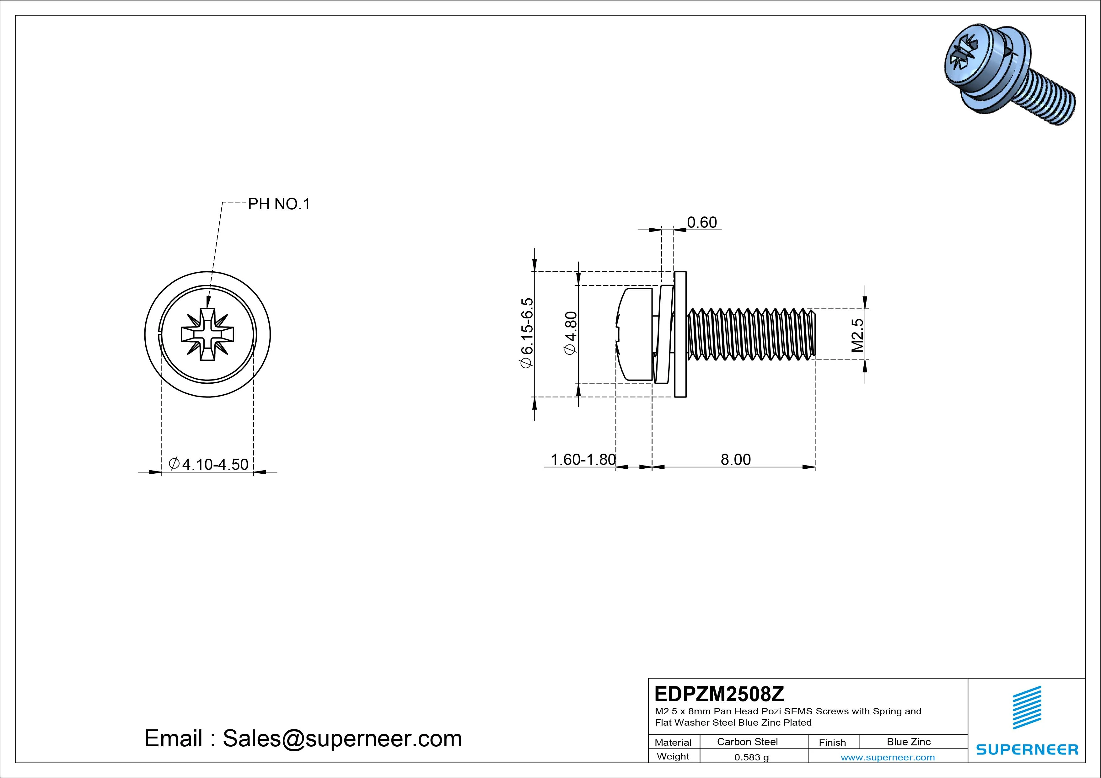 M2.5 x 8mm Pan Head Pozi SEMS Screws with Spring and Flat Washer Steel Blue Zinc Plated