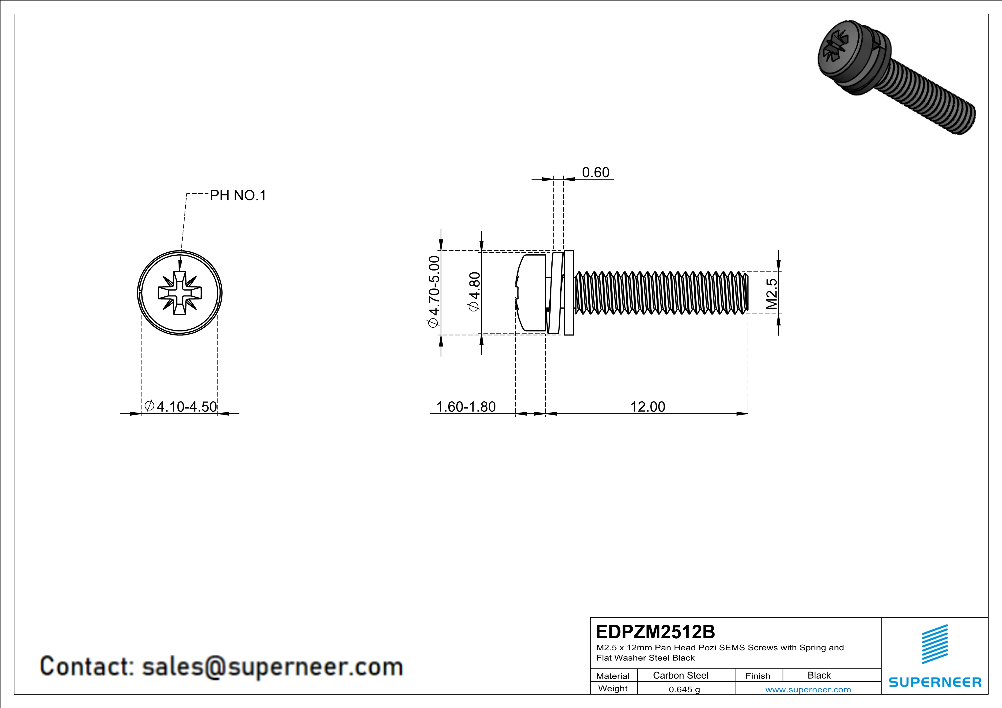 M2.5 x 12mm Pan Head Pozi SEMS Screws with Spring and Flat Washer Steel Black