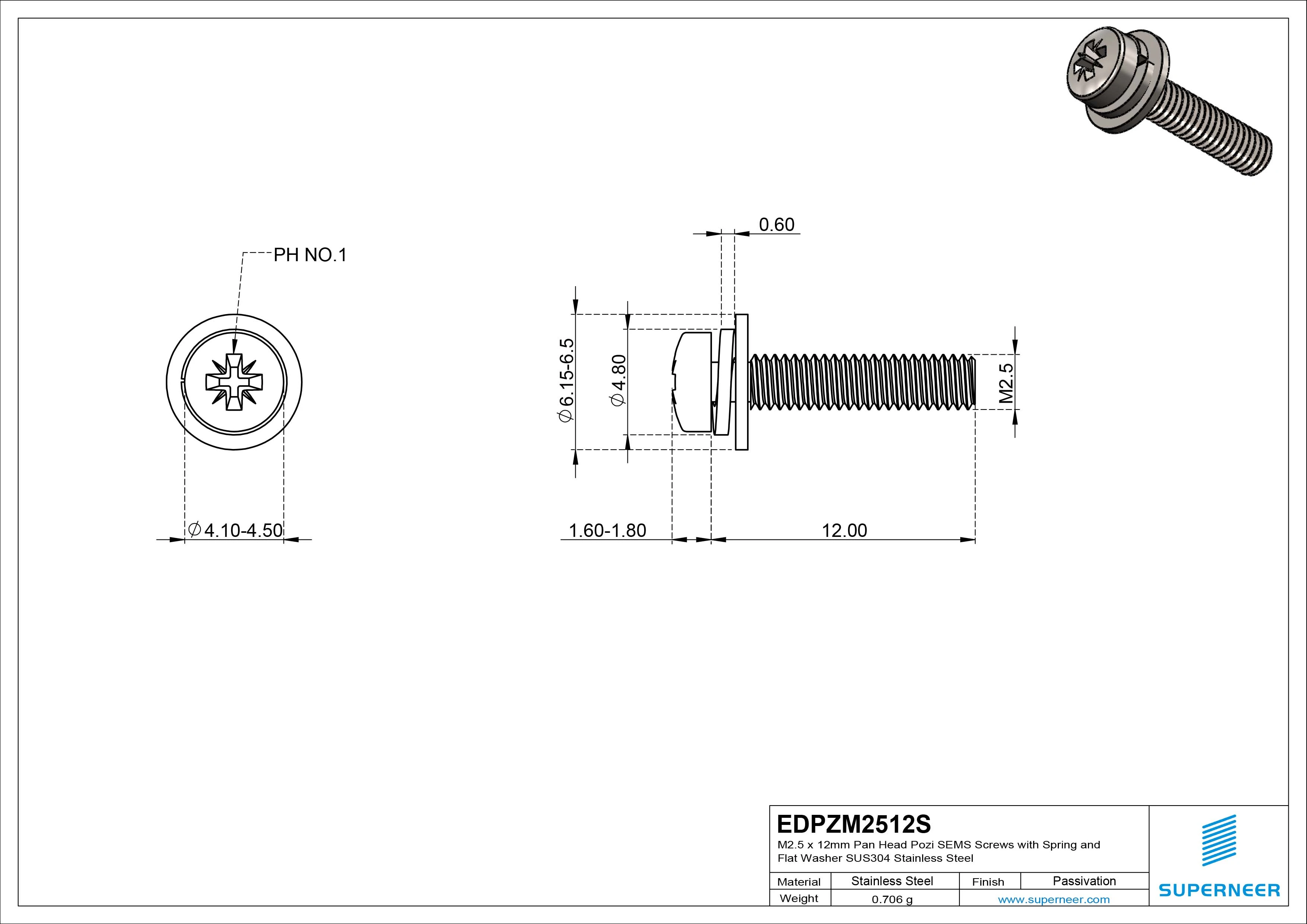 M2.5 x 12mm Pan Head Pozi SEMS Screws with Spring and Flat Washer SUS304 Stainless Steel Inox