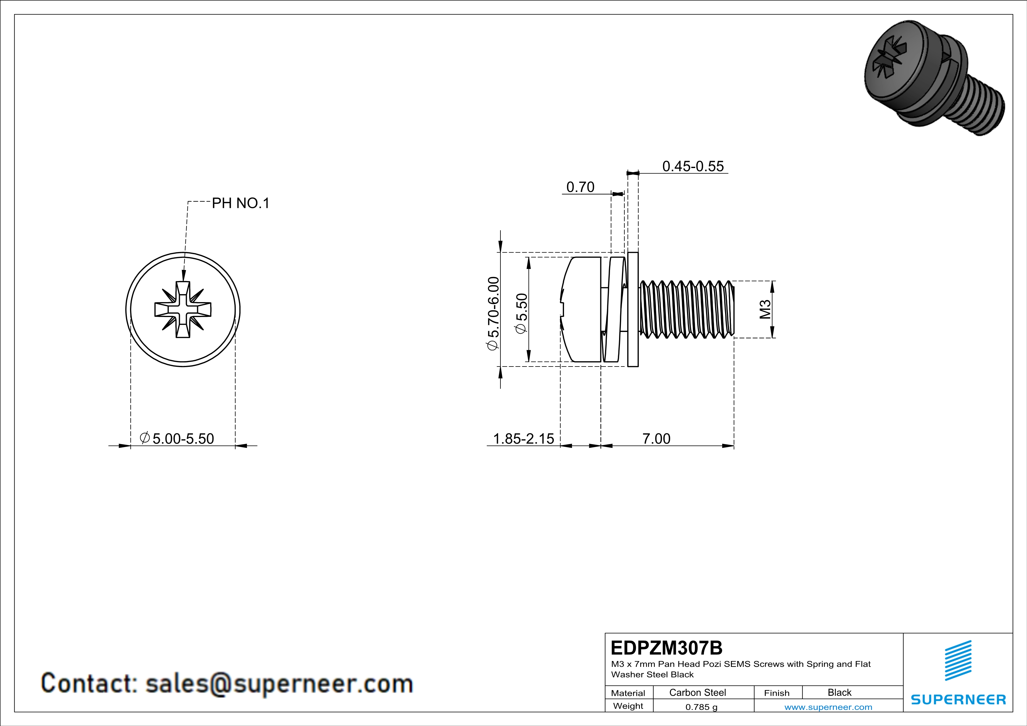 M3 x 7mm Pan Head Pozi SEMS Screws with Spring and Flat Washer Steel Black