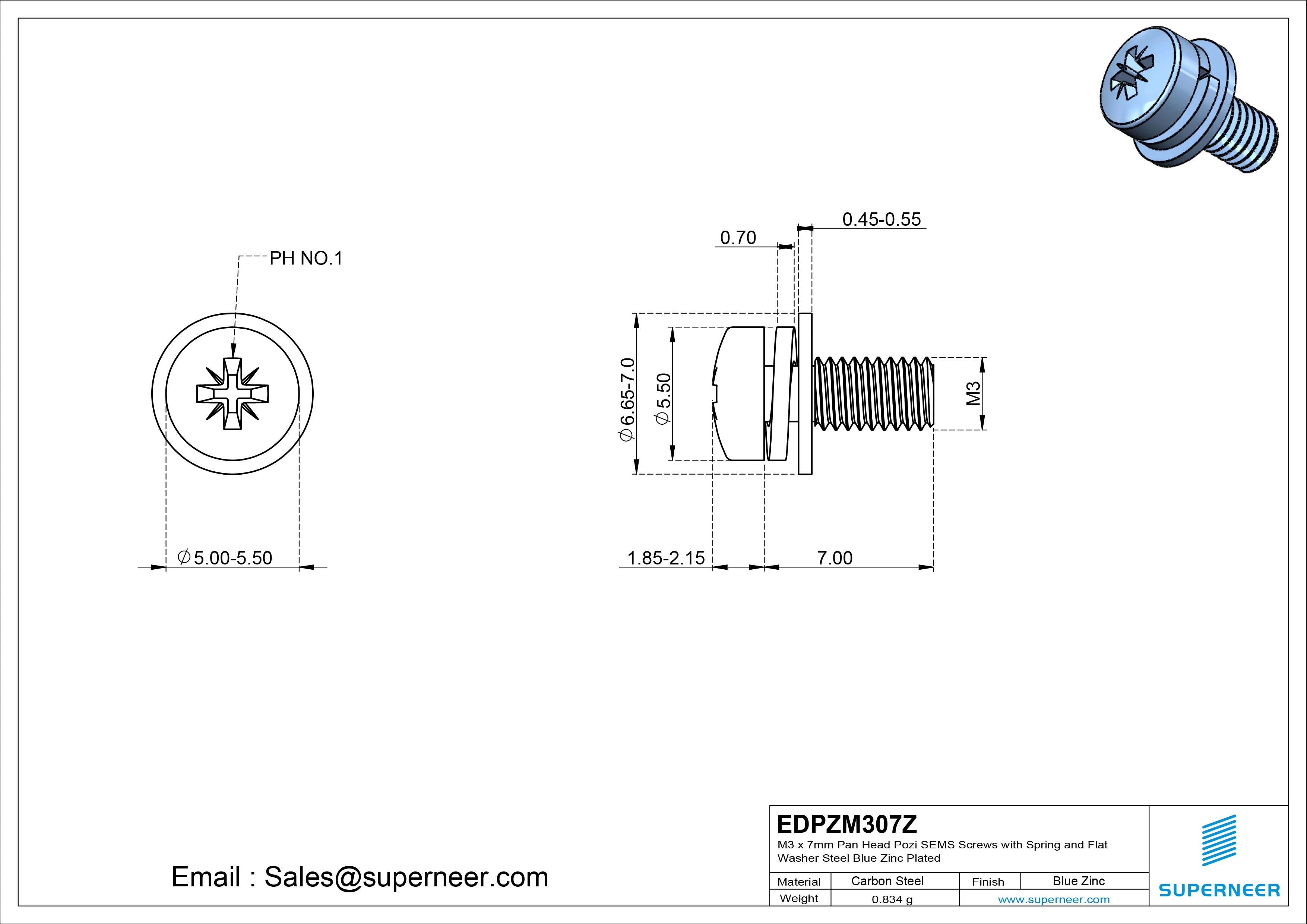 M3 x 7mm Pan Head Pozi SEMS Screws with Spring and Flat Washer Steel Blue Zinc Plated