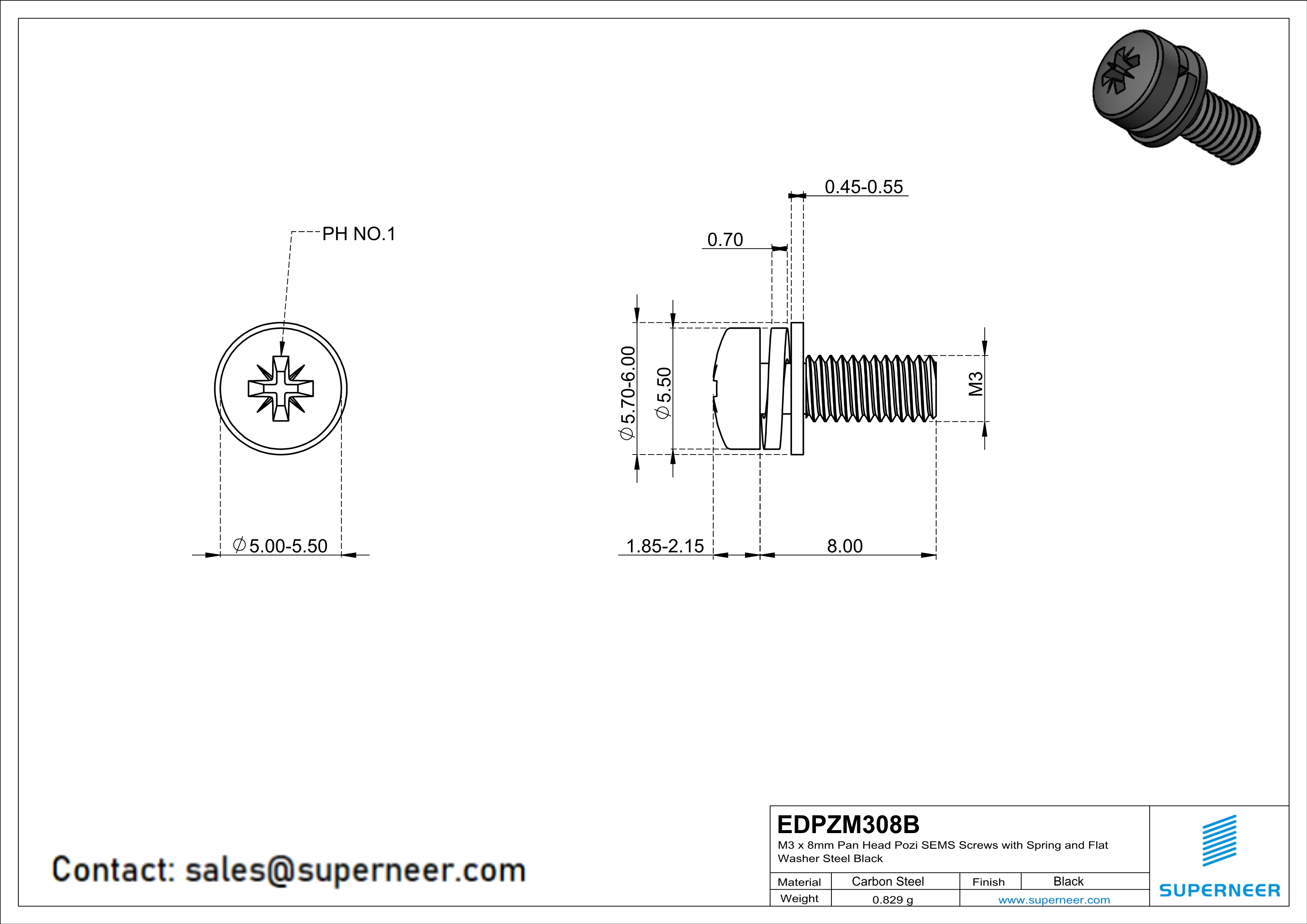 M3 x 8mm Pan Head Pozi SEMS Screws with Spring and Flat Washer Steel Black