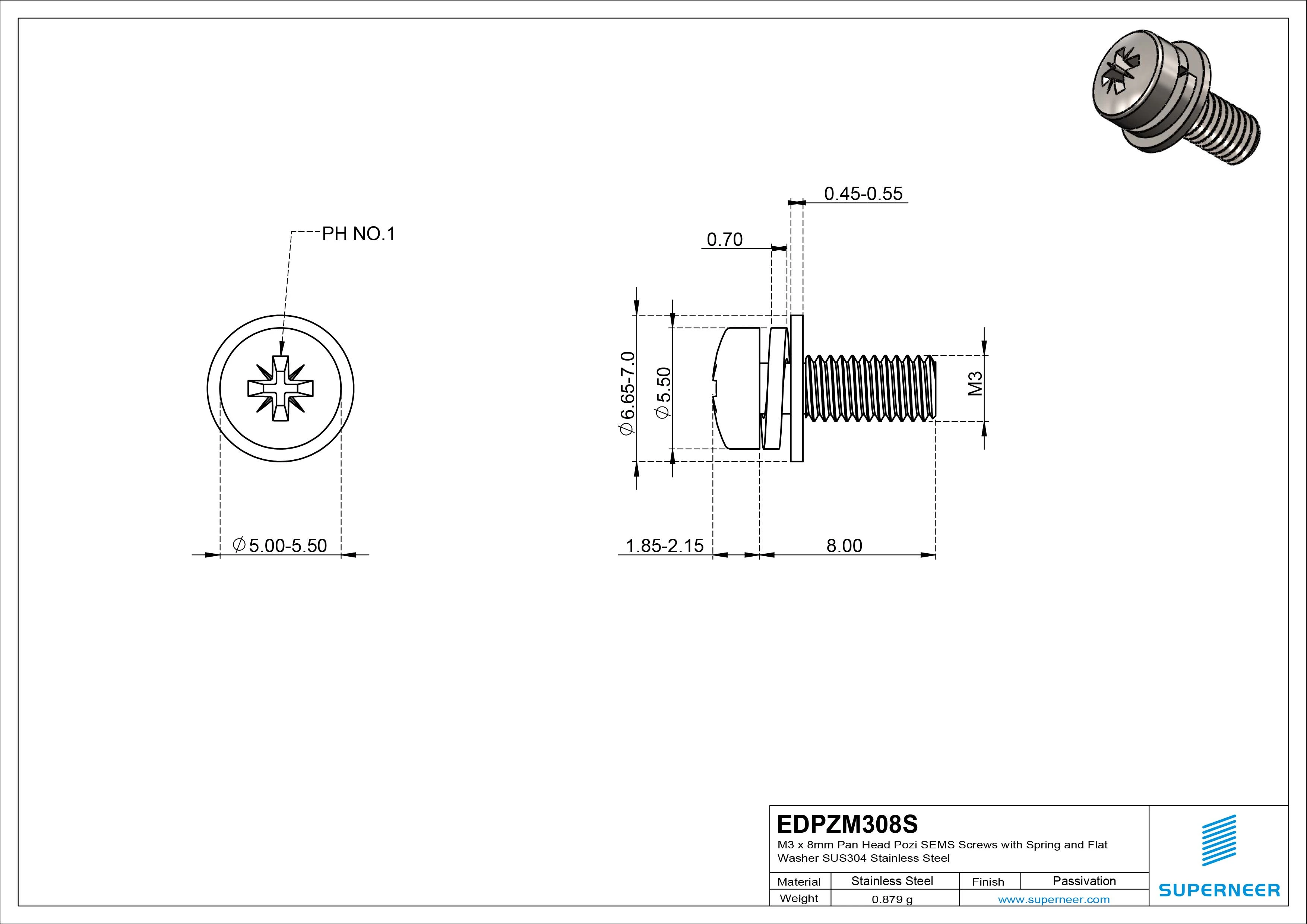 M3 x 8mm Pan Head Pozi SEMS Screws with Spring and Flat Washer SUS304 Stainless Steel Inox