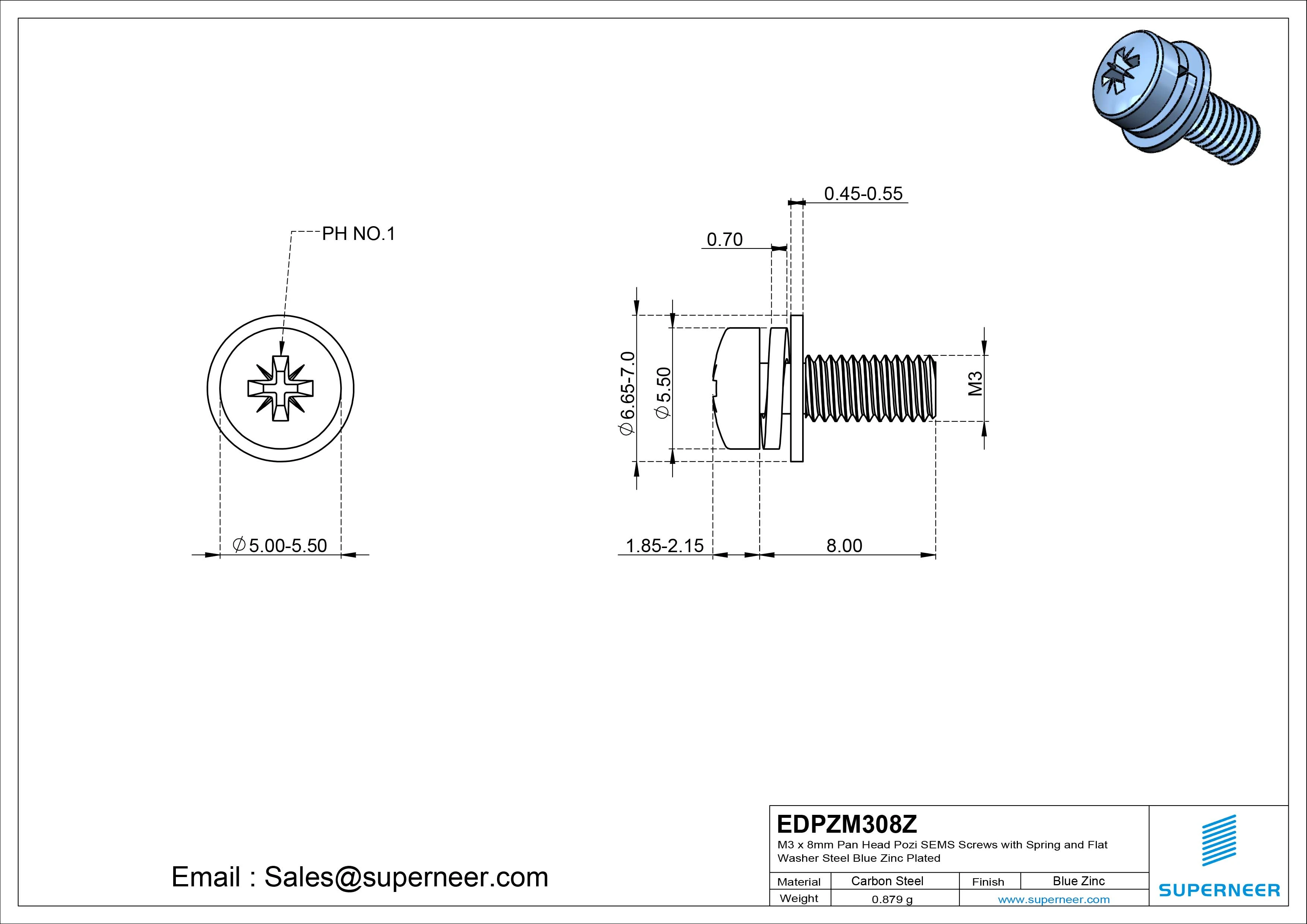 M3 x 8mm Pan Head Pozi SEMS Screws with Spring and Flat Washer Steel Blue Zinc Plated