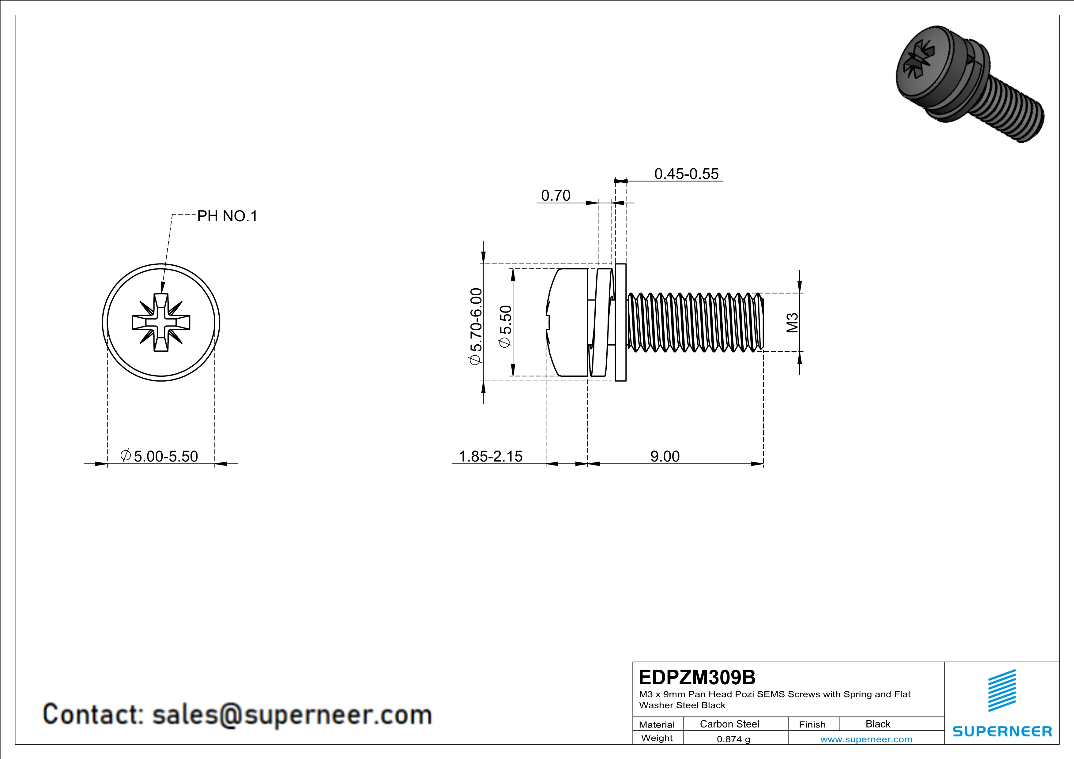 M3 x 9mm Pan Head Pozi SEMS Screws with Spring and Flat Washer Steel Black