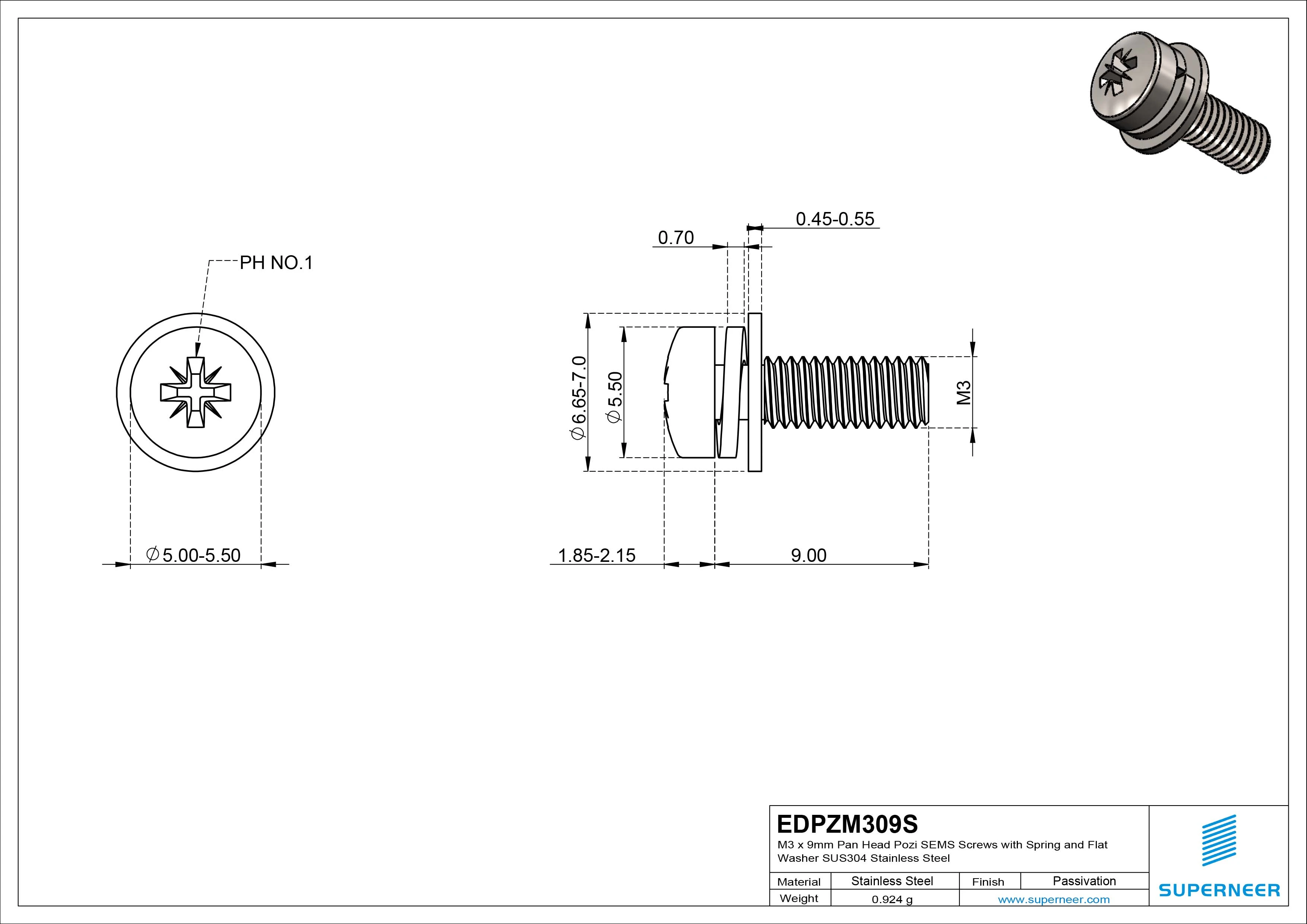 M3 x 9mm Pan Head Pozi SEMS Screws with Spring and Flat Washer SUS304 Stainless Steel Inox