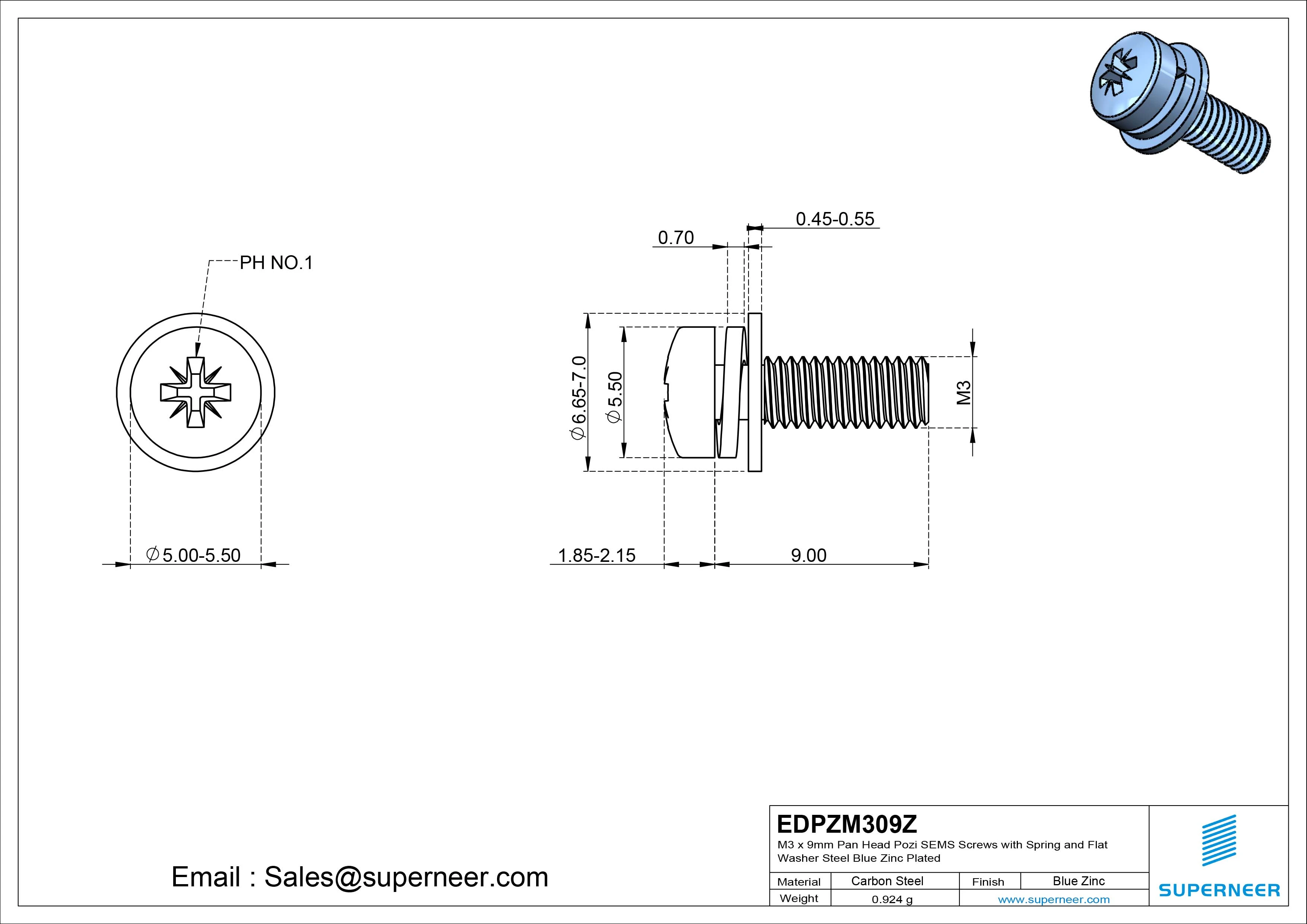 M3 x 9mm Pan Head Pozi SEMS Screws with Spring and Flat Washer Steel Blue Zinc Plated