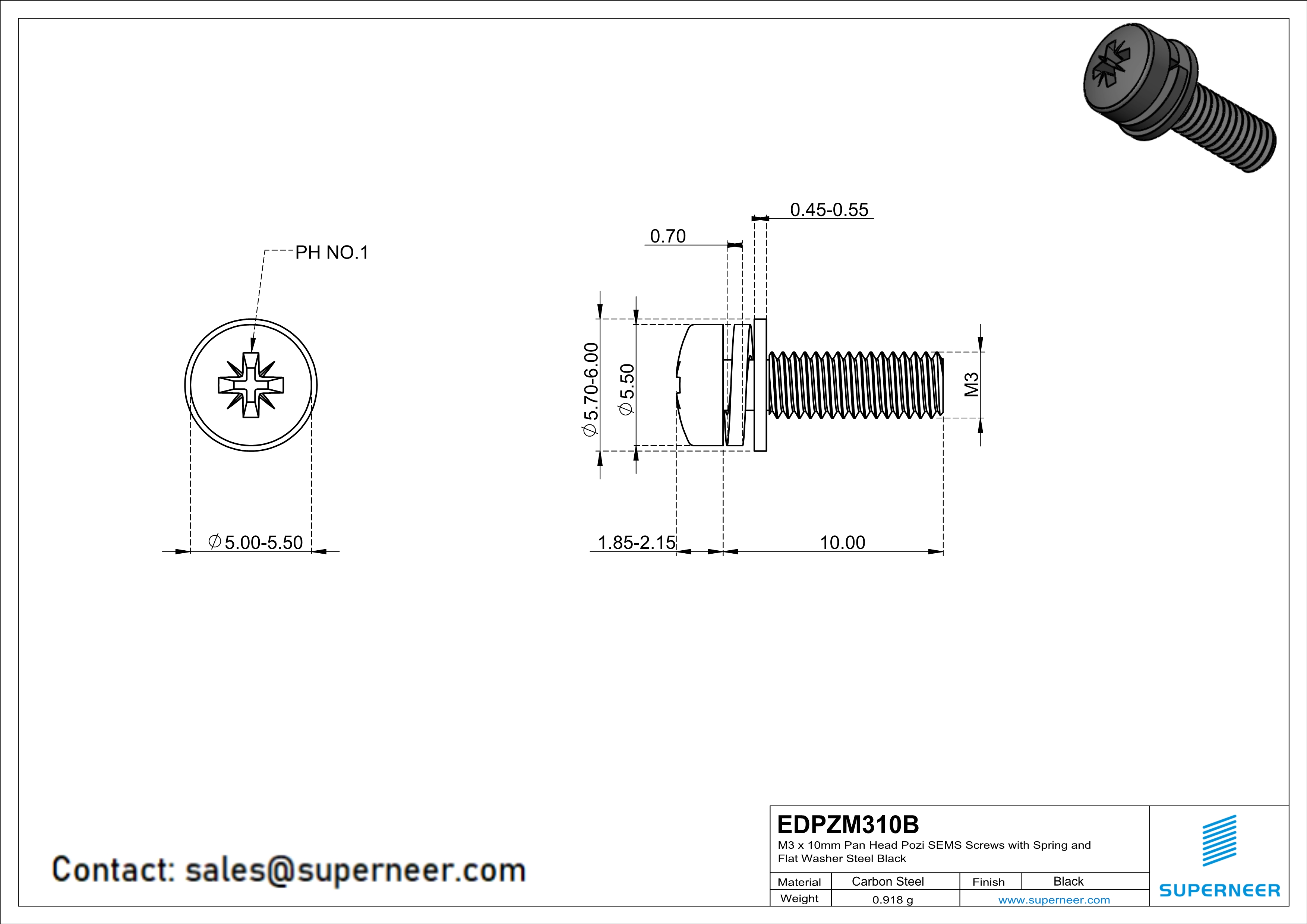 M3 x 10mm Pan Head Pozi SEMS Screws with Spring and Flat Washer Steel Black