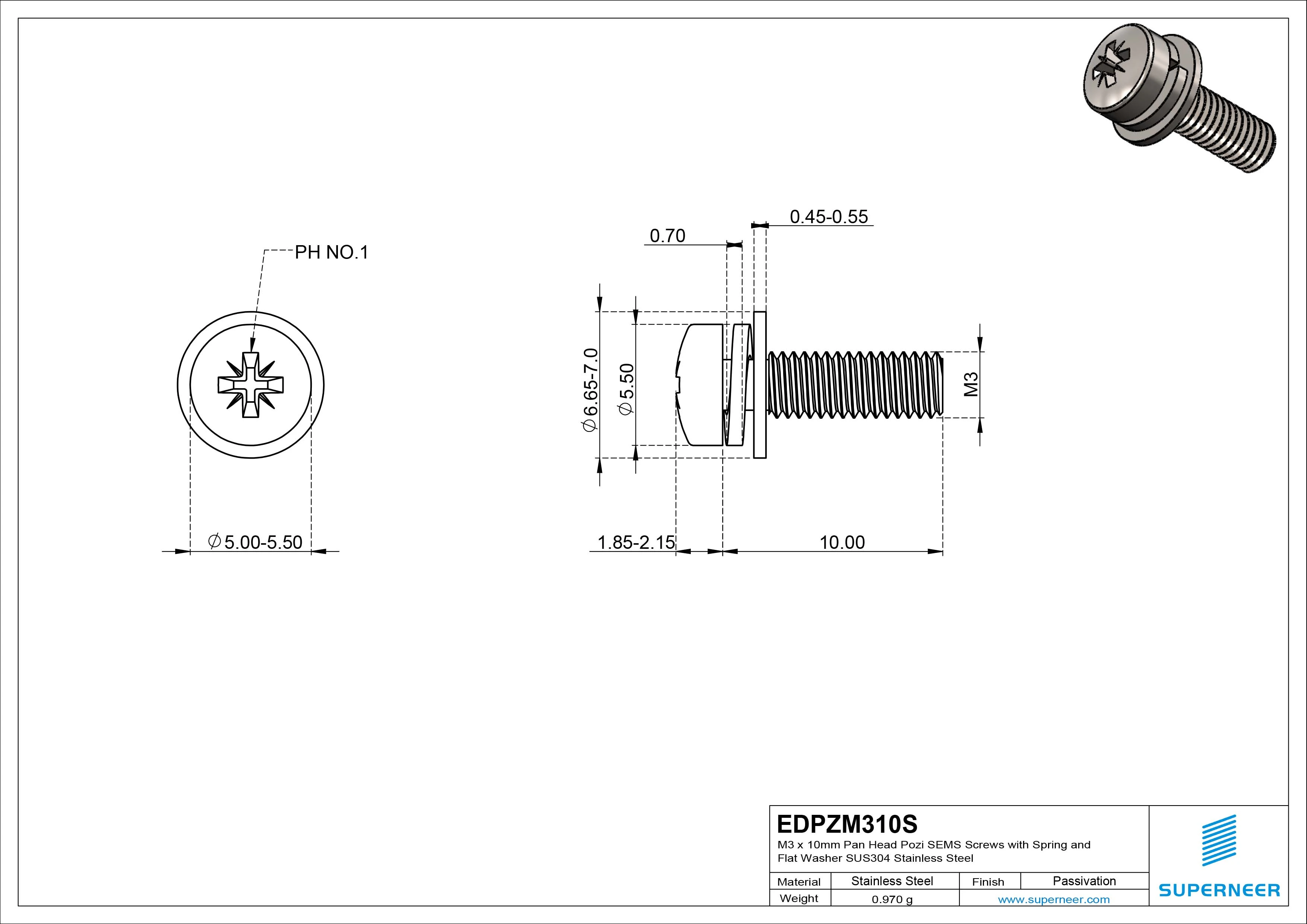 M3 x 10mm Pan Head Pozi SEMS Screws with Spring and Flat Washer SUS304 Stainless Steel Inox
