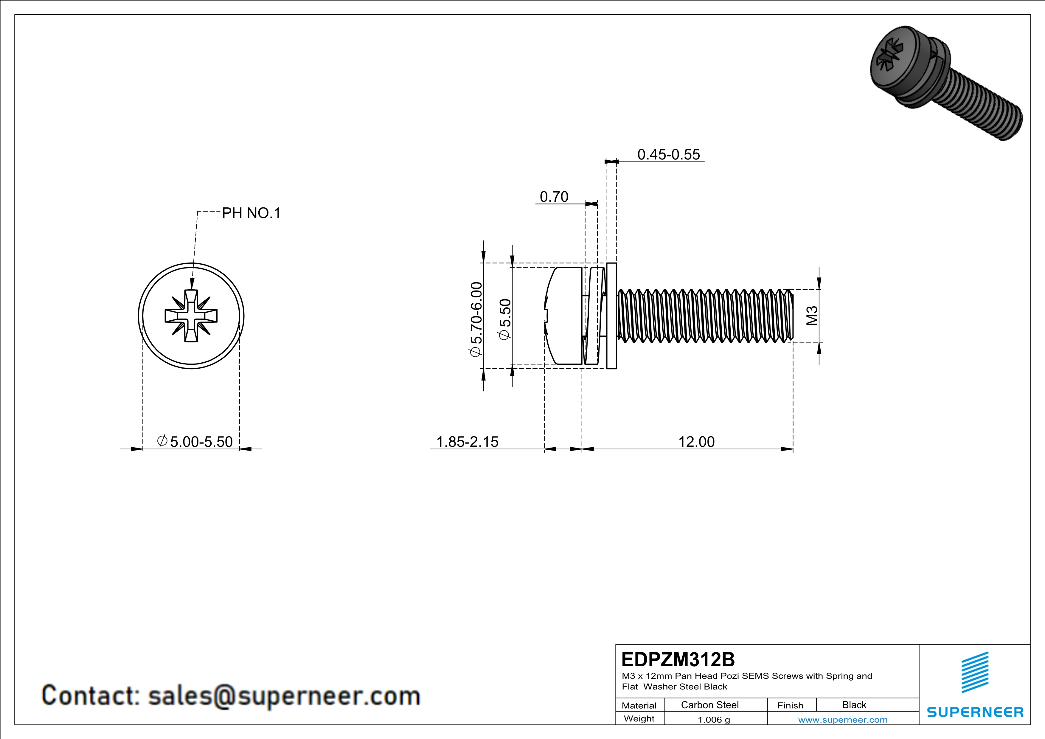 M3 x 12mm Pan Head Pozi SEMS Screws with Spring and Flat Washer Steel Black