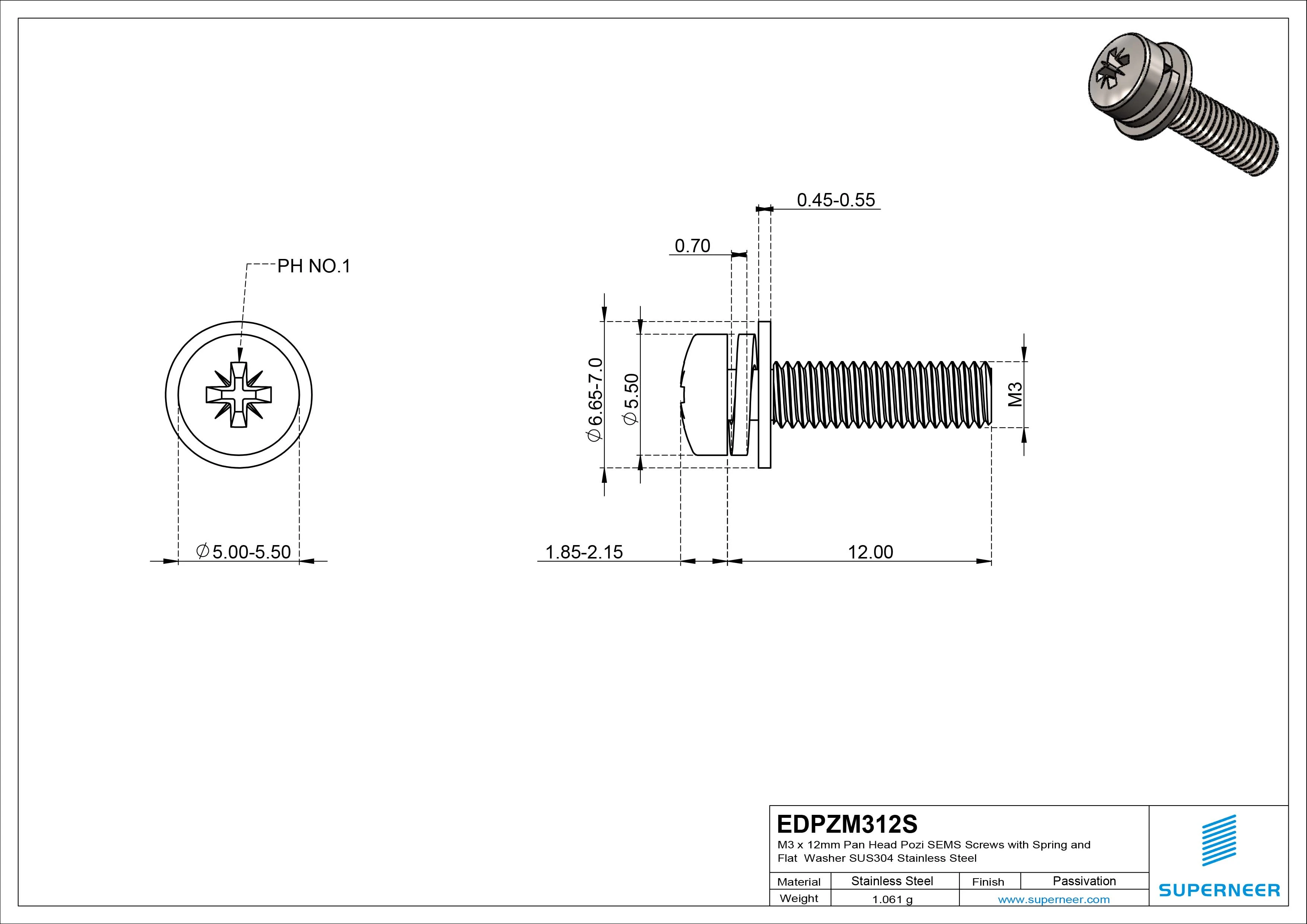 M3 x 12mm Pan Head Pozi SEMS Screws with Spring and Flat Washer SUS304 Stainless Steel Inox