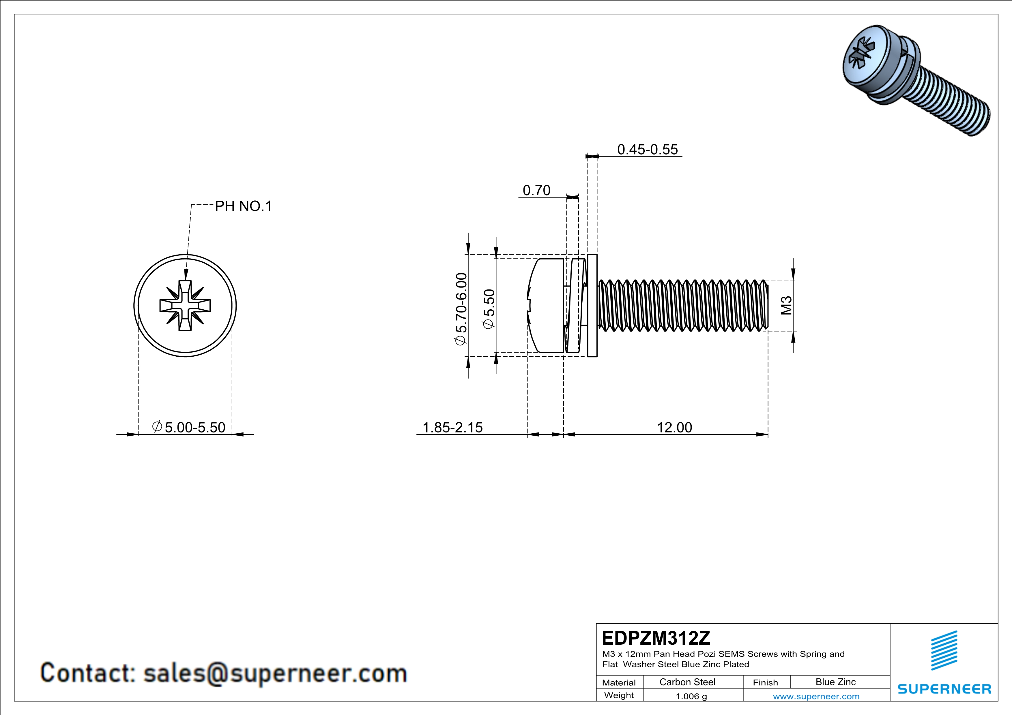 M3 x 12mm Pan Head Pozi SEMS Screws with Spring and Flat Washer Steel Blue Zinc Plated