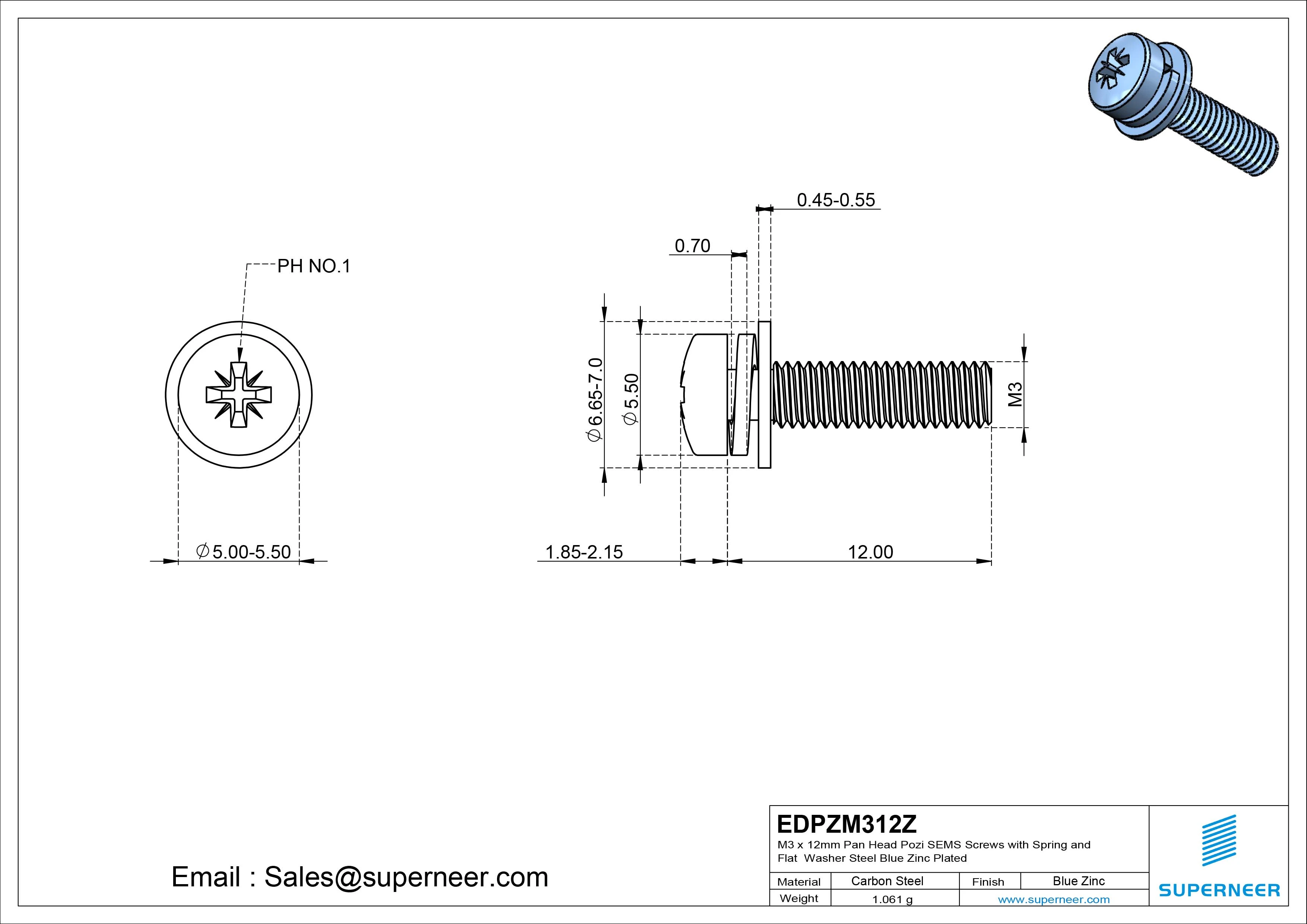 M3 x 12mm Pan Head Pozi SEMS Screws with Spring and Flat Washer Steel Blue Zinc Plated