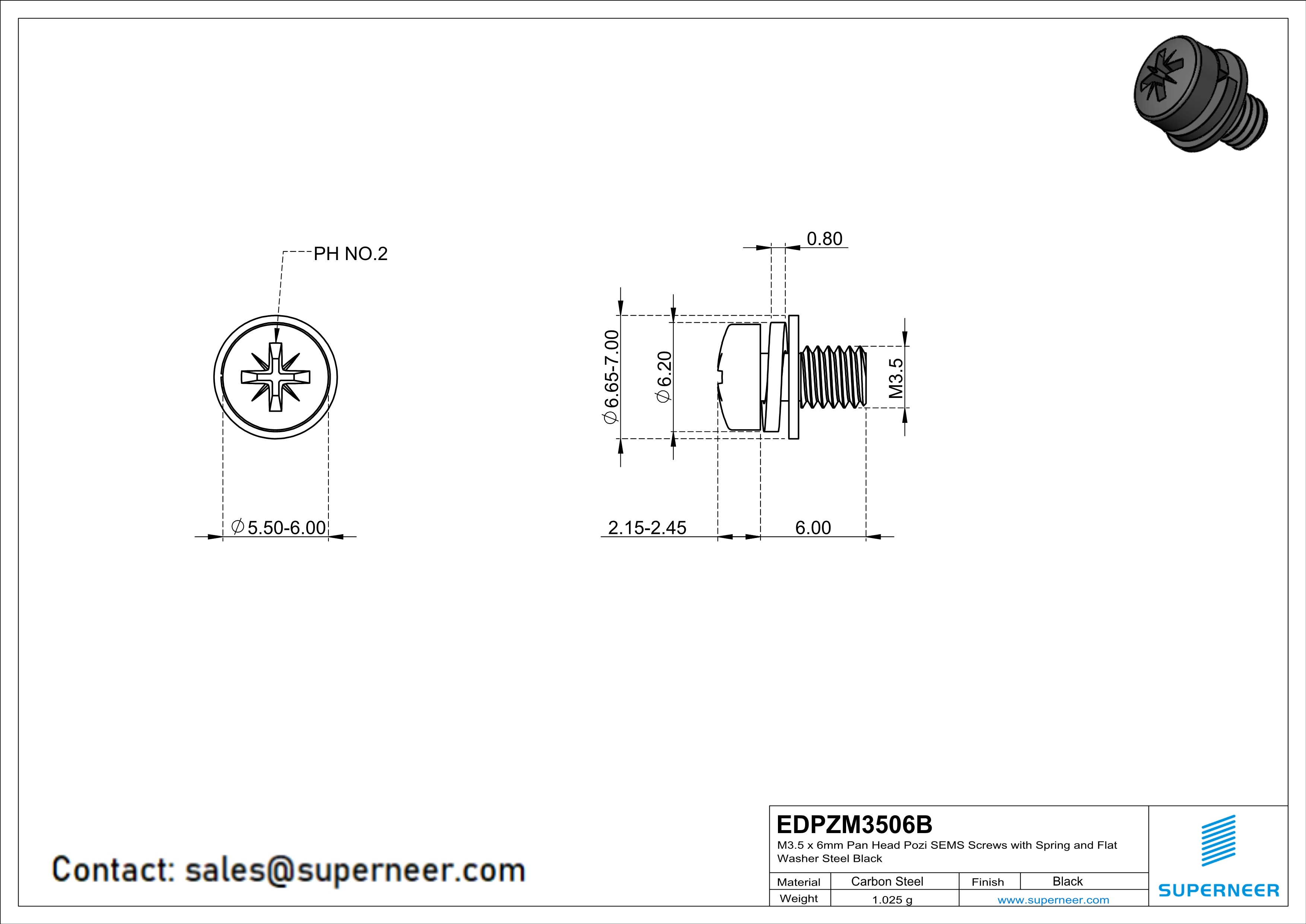 M3.5 x 6mm Pan Head Pozi SEMS Screws with Spring and Flat Washer Steel Black