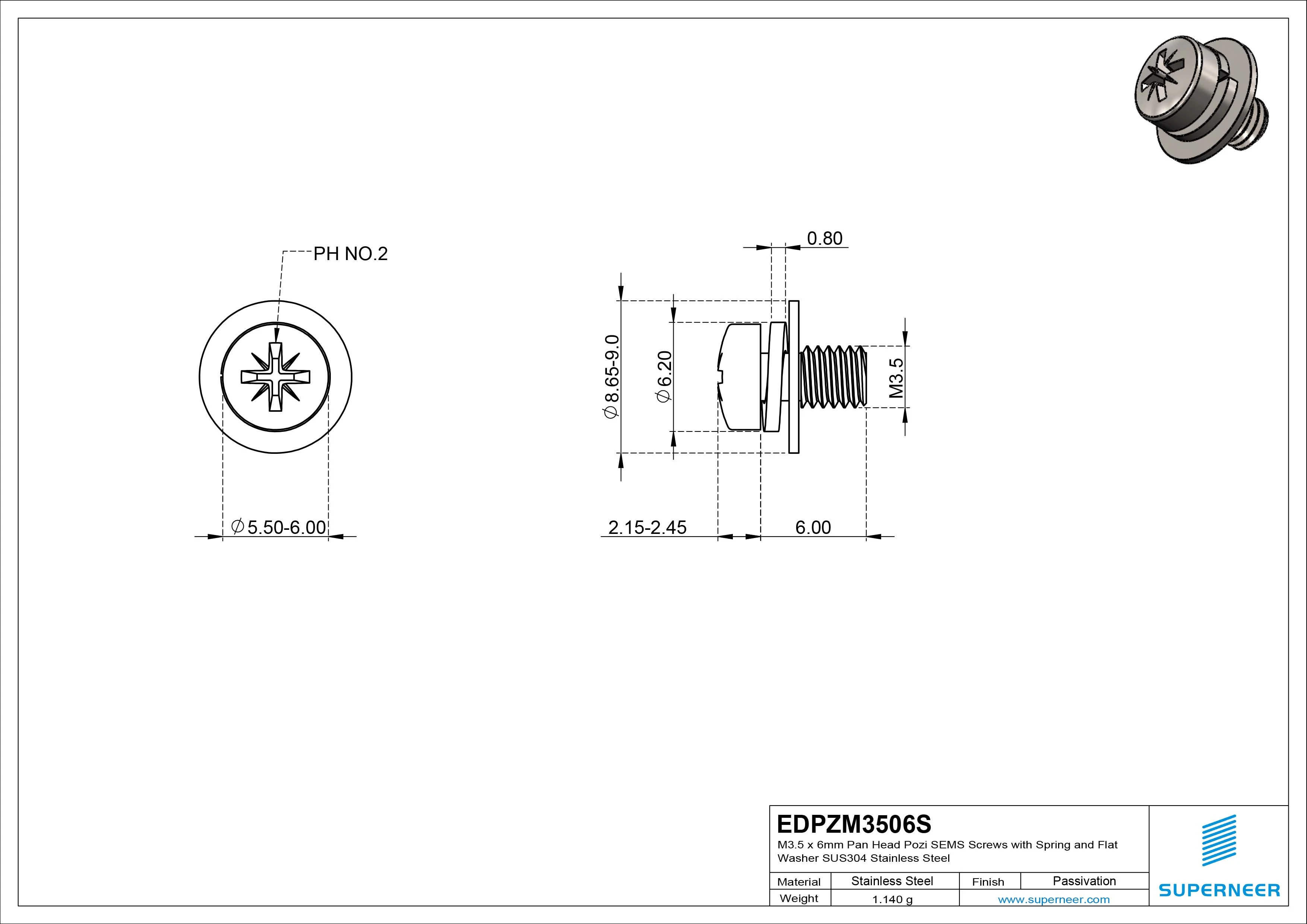 M3.5 x 6mm Pan Head Pozi SEMS Screws with Spring and Flat Washer SUS304 Stainless Steel Inox