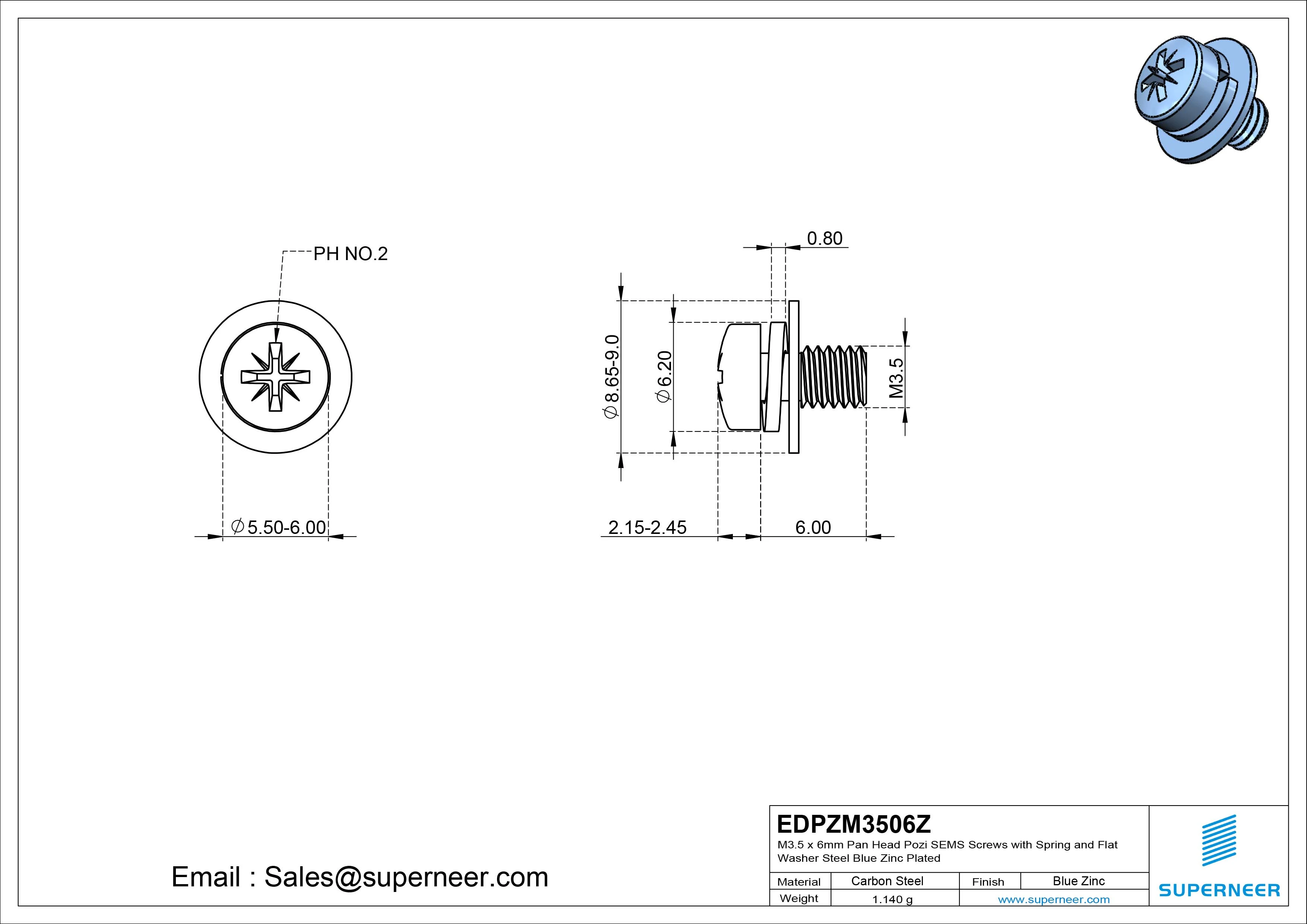 M3.5 x 6mm Pan Head Pozi SEMS Screws with Spring and Flat Washer Steel Blue Zinc Plated