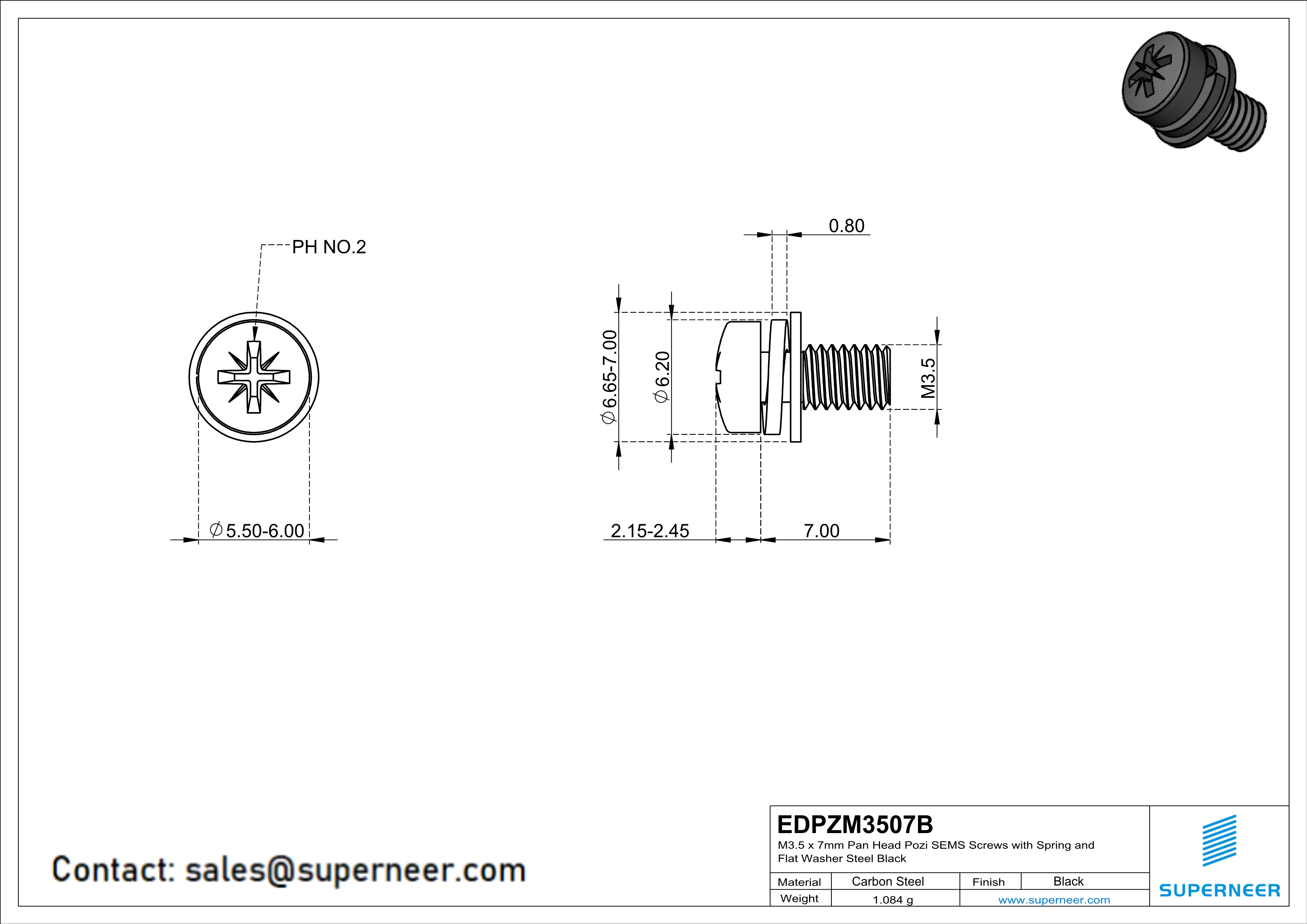 M3.5 x 7mm Pan Head Pozi SEMS Screws with Spring and Flat Washer Steel Black