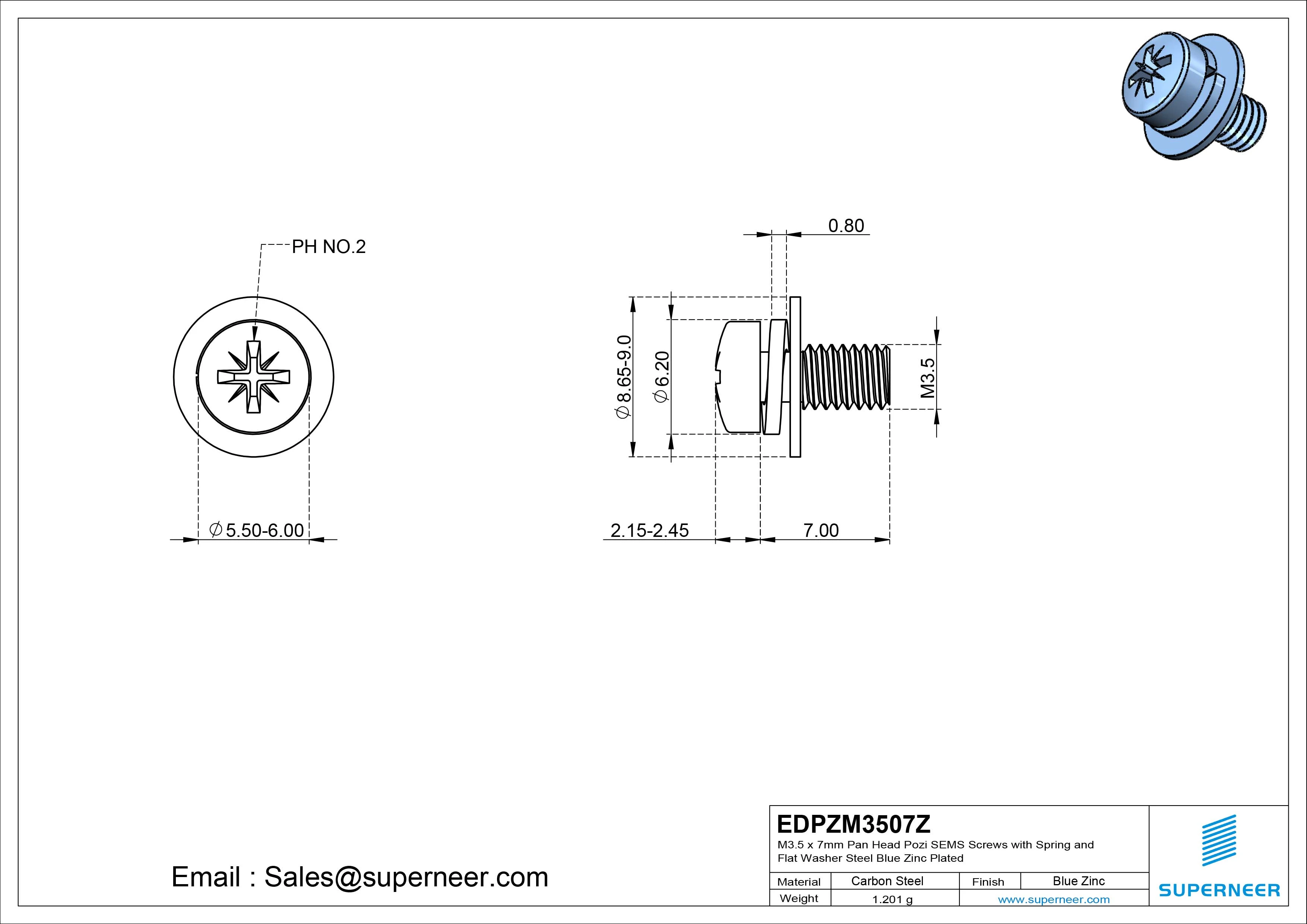 M3.5 x 7mm Pan Head Pozi SEMS Screws with Spring and Flat Washer Steel Blue Zinc Plated