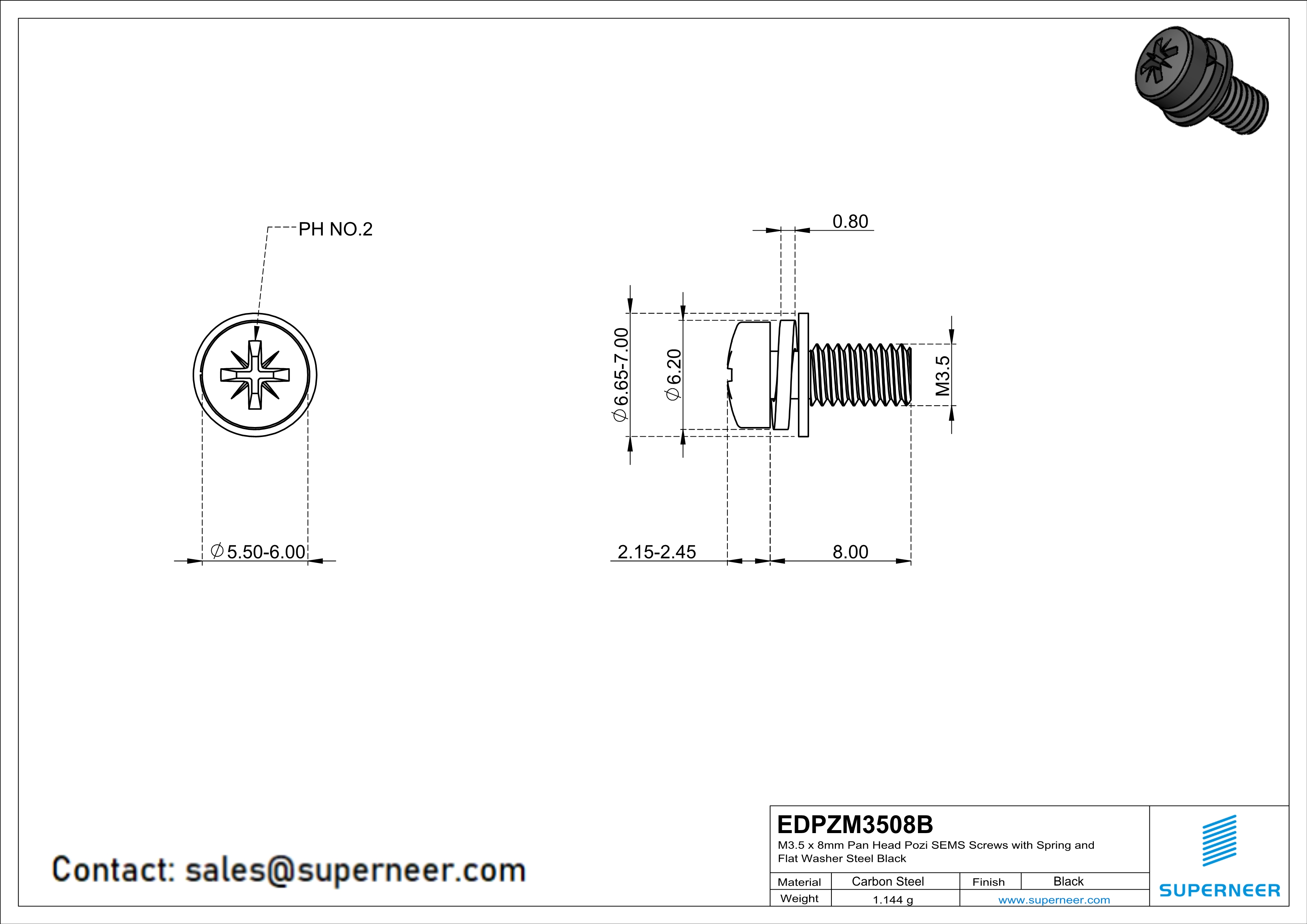 M3.5 x 8mm Pan Head Pozi SEMS Screws with Spring and Flat Washer Steel Black